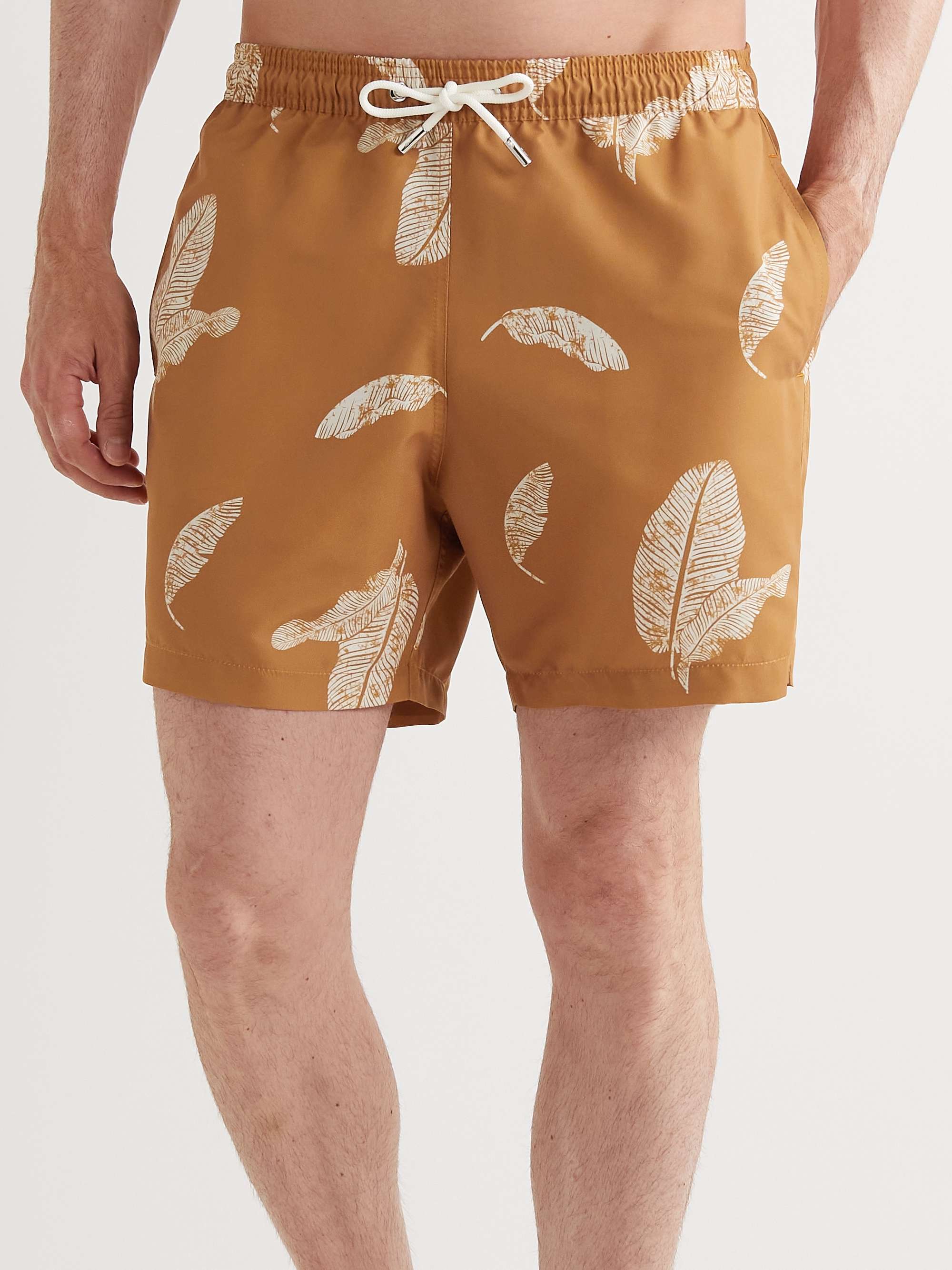 MR P. Straight Leg Mid Length Leaf Print Recycled Swim Shorts for