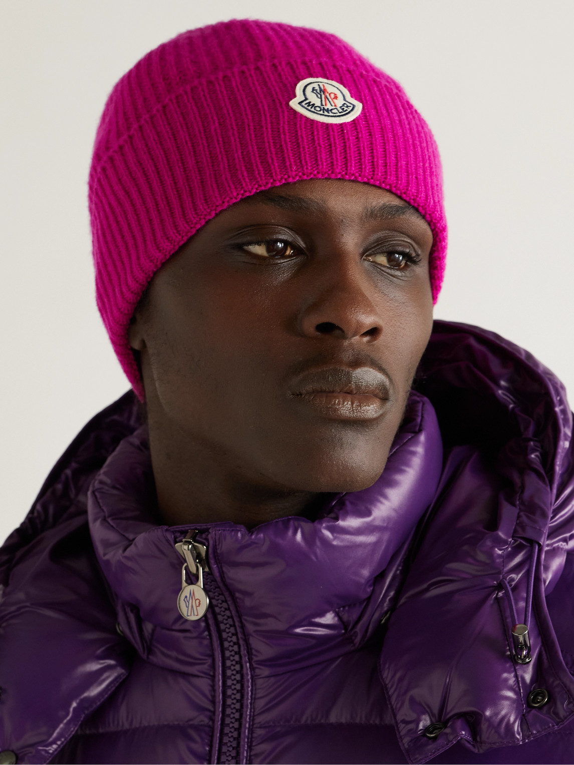 MONCLER APPLIQUÉD RIBBED VIRGIN WOOL AND CASHMERE-BLEND BEANIE