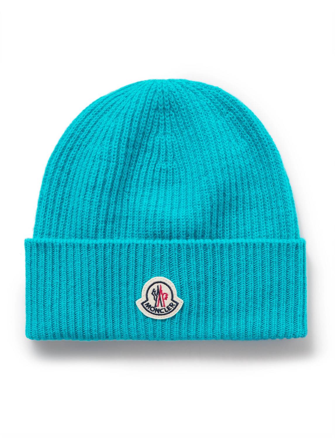 Moncler Appliquéd Ribbed Virgin Wool And Cashmere-blend Beanie In Blue