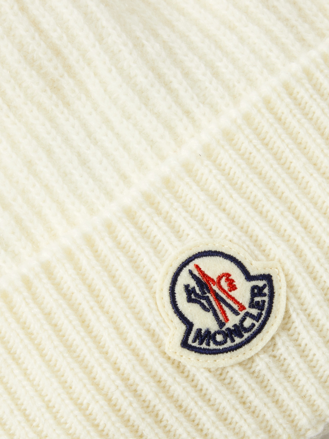 Shop Moncler Appliquéd Ribbed Virgin Wool And Cashmere-blend Beanie In White