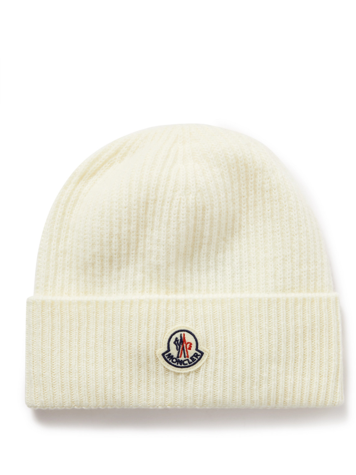 Shop Moncler Appliquéd Ribbed Virgin Wool And Cashmere-blend Beanie In White