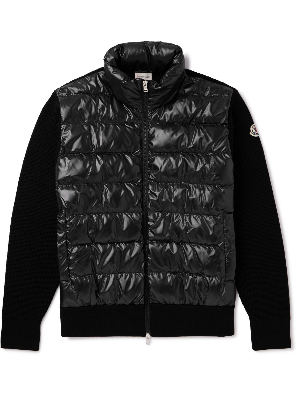 Moncler Leather-trimmed Ribbed Virgin Wool Cardigan In Black