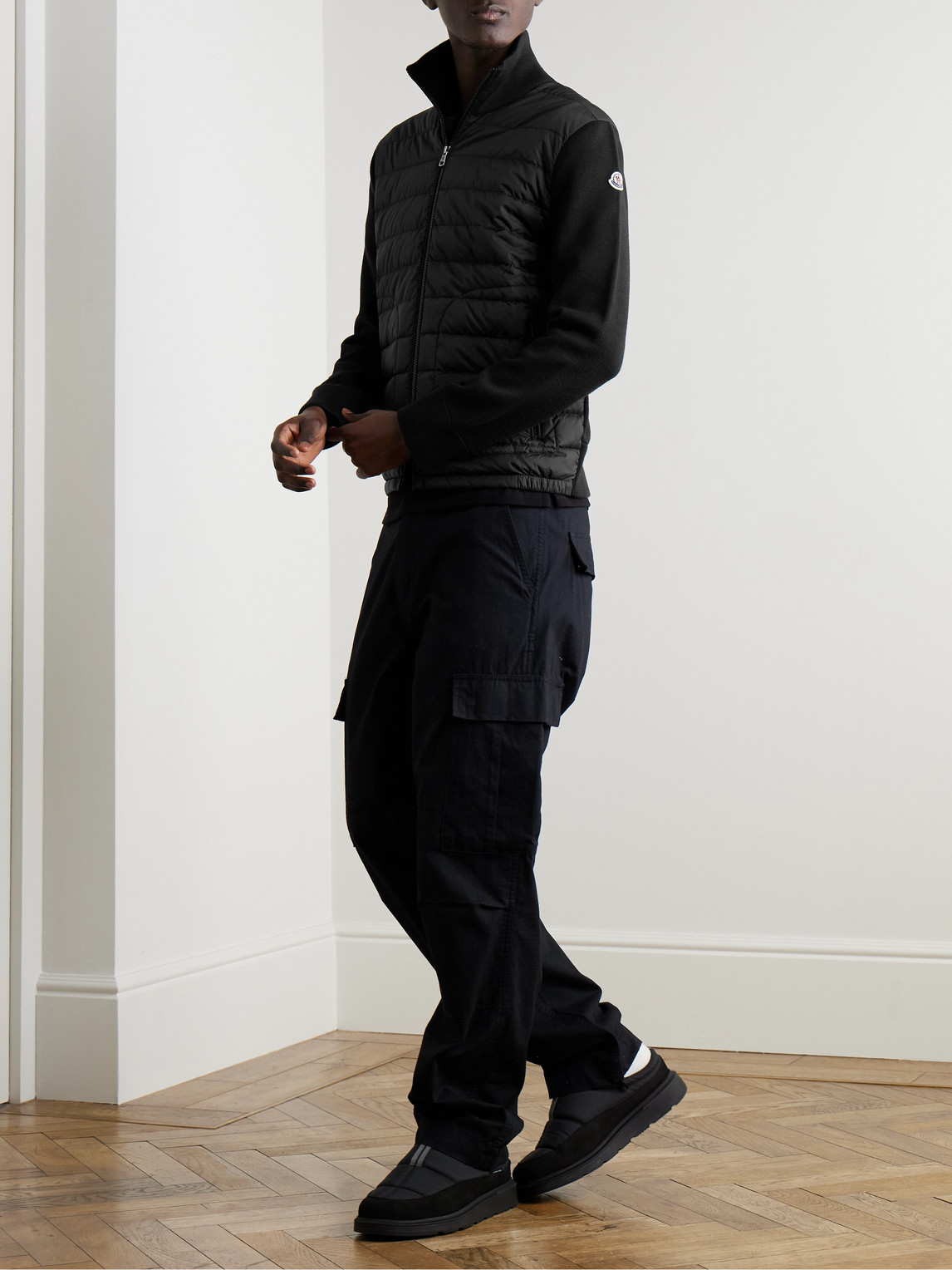 Moncler Slim-fit Panelled Wool-blend And Quilted Shell Down Zip-up Cardigan In Black