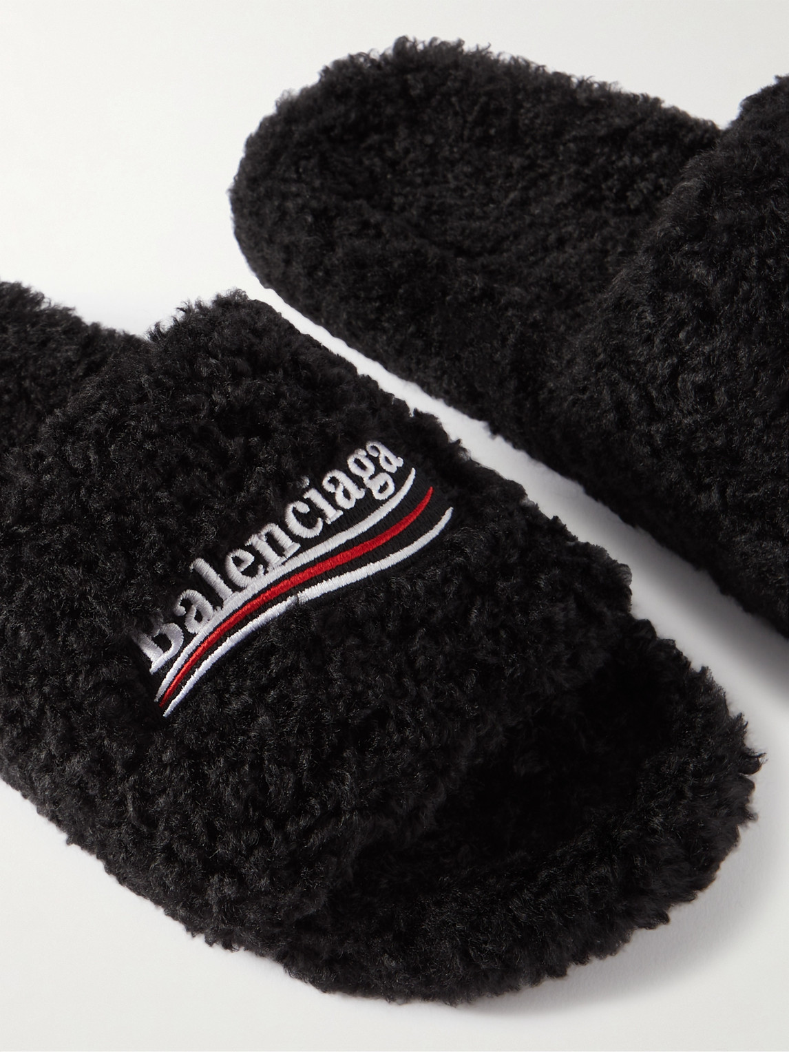 Shop Balenciaga Logo-embroidered Faux Shearling Slides In Black