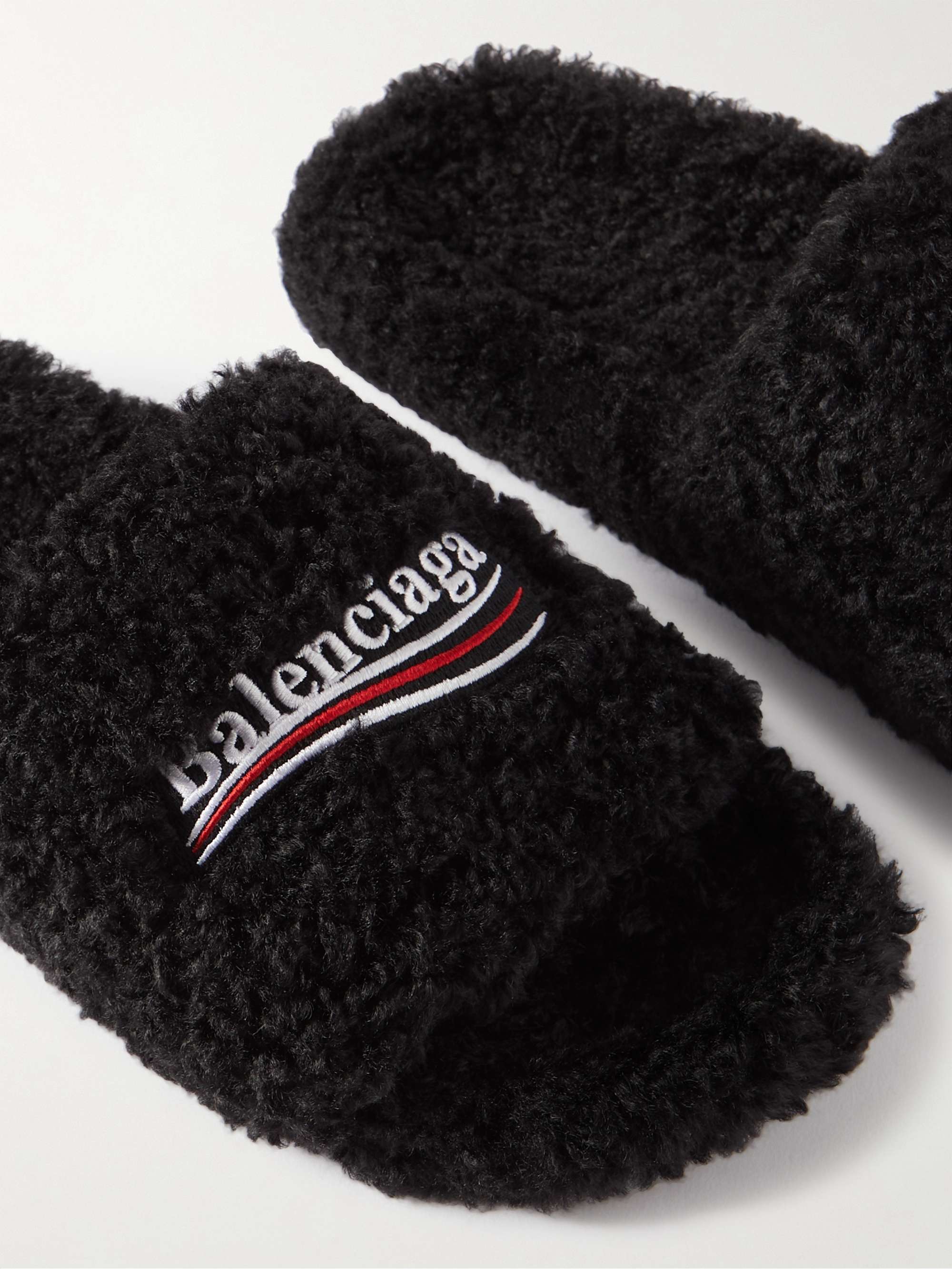 BALENCIAGA Logo-Embroidered Faux Shearling Slides