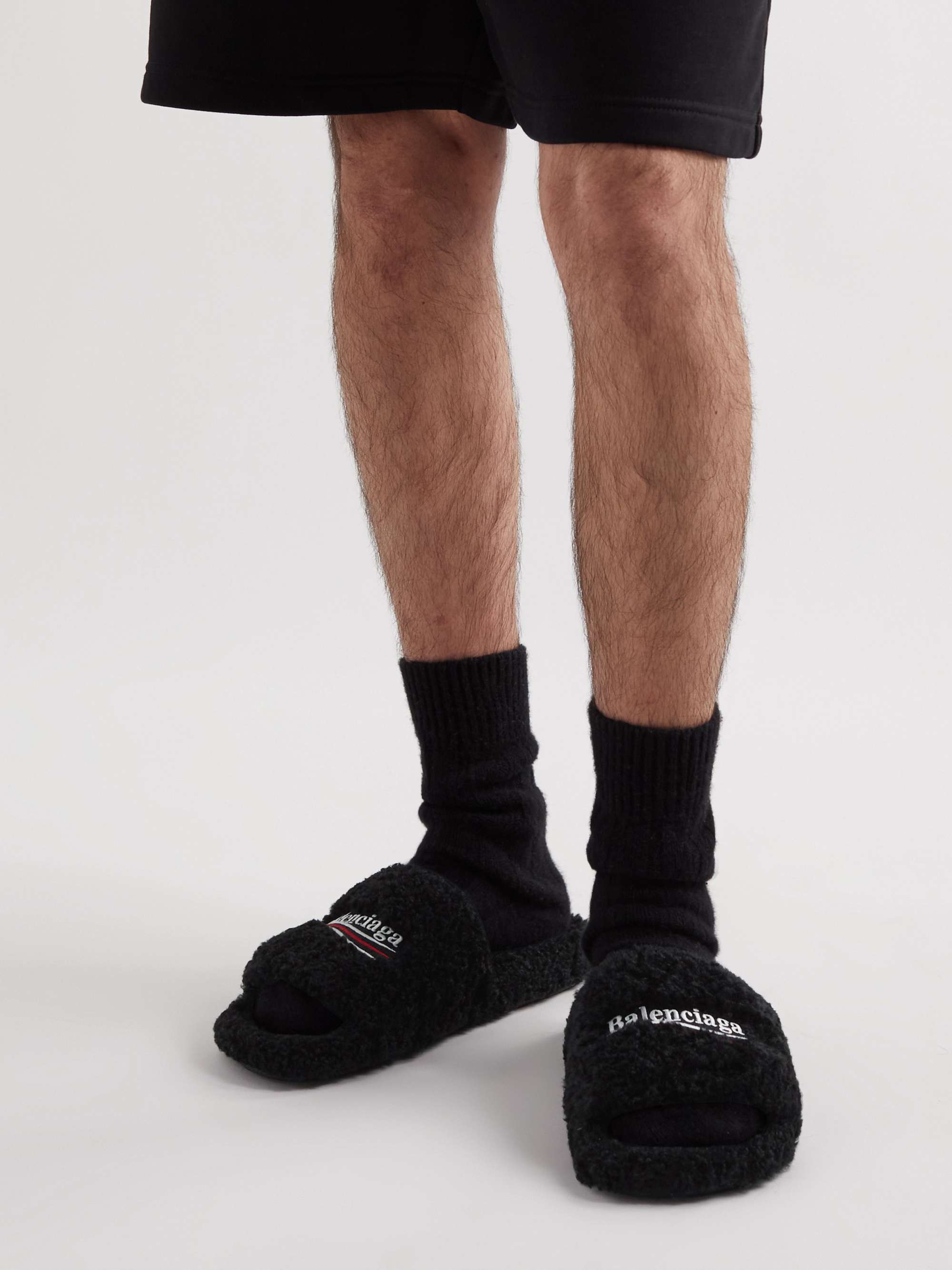 BALENCIAGA Logo-Embroidered Faux Shearling Slides