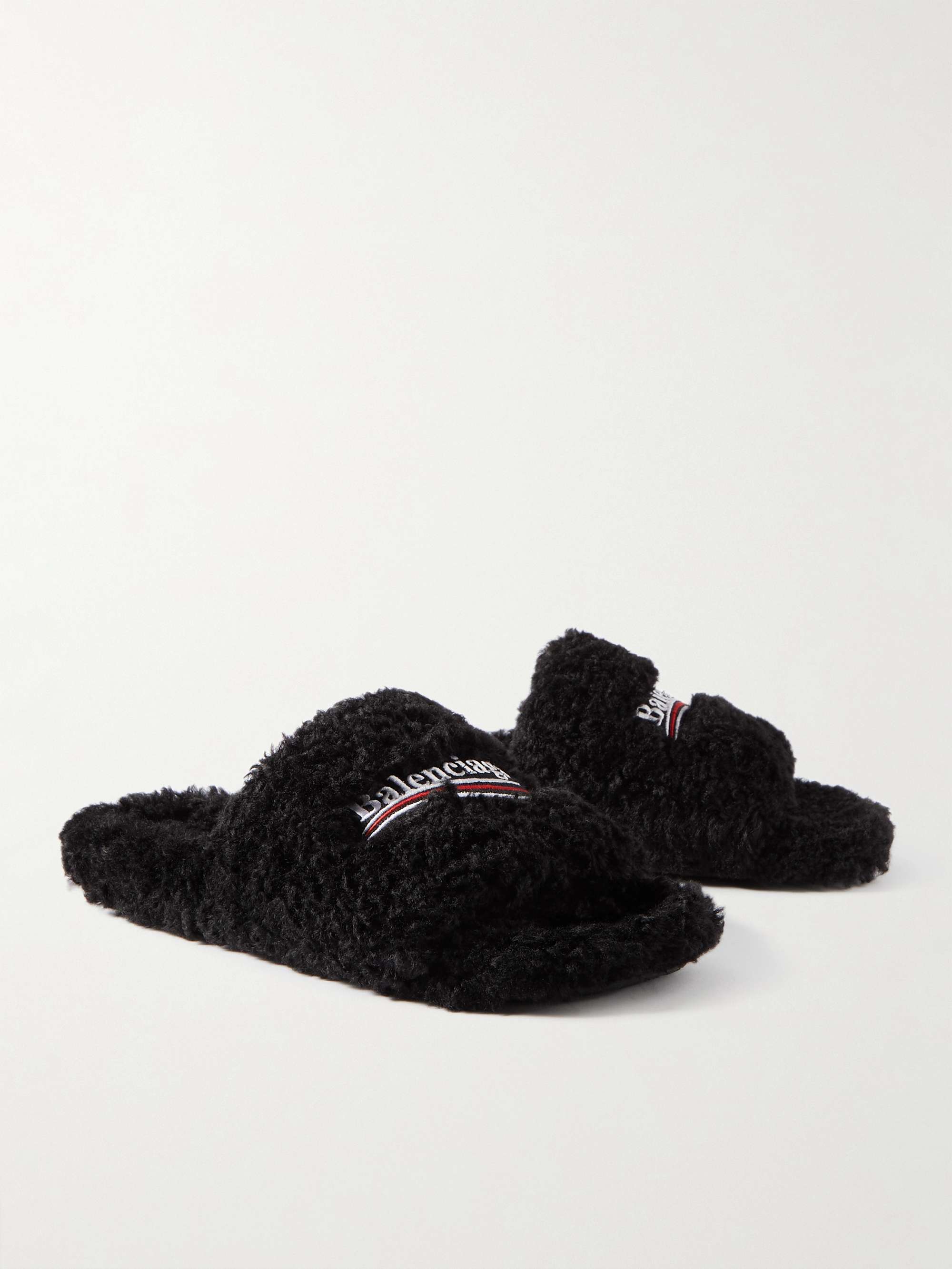 BALENCIAGA Logo-Embroidered Faux Shearling Slides