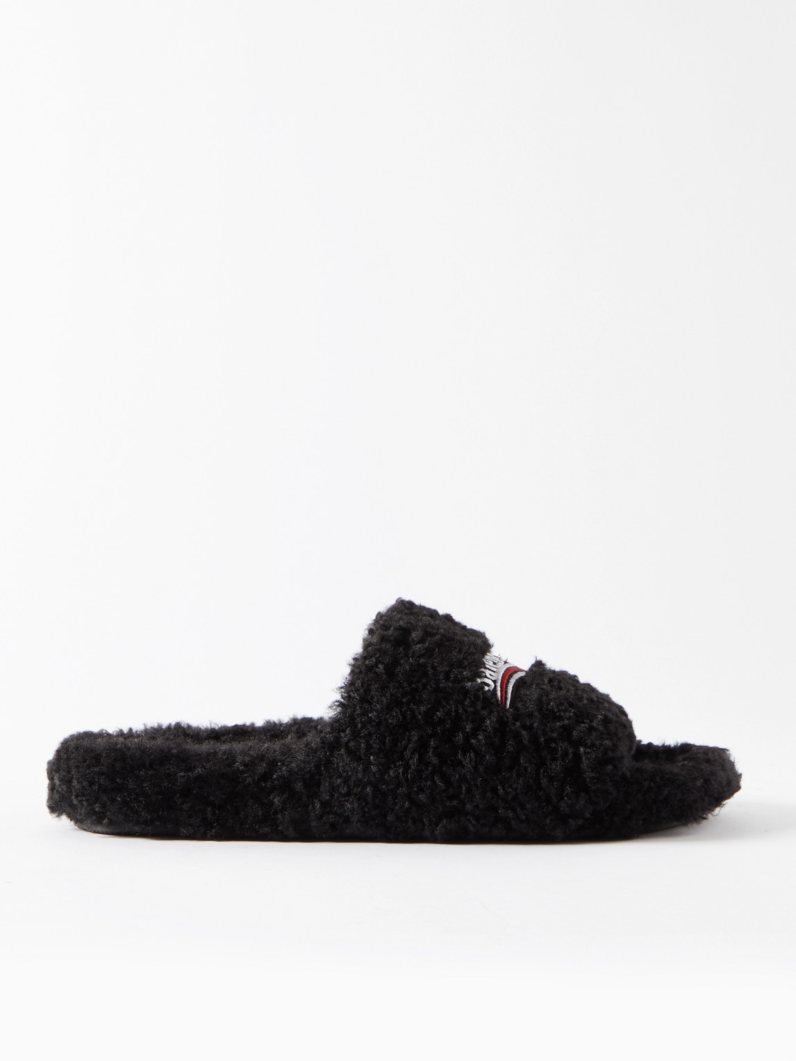 Shop Balenciaga Logo-embroidered Faux Shearling Slides In Black