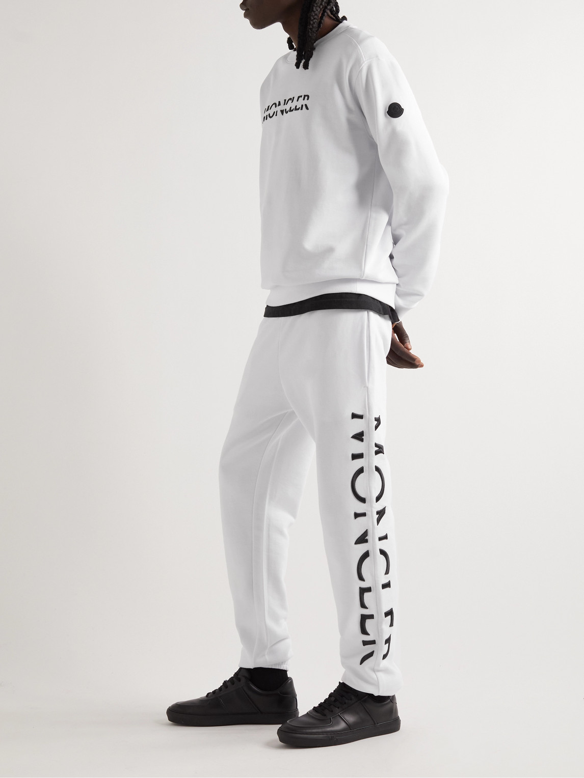 Shop Moncler Tapered Logo-embroidered Cotton-jersey Sweatpants In White