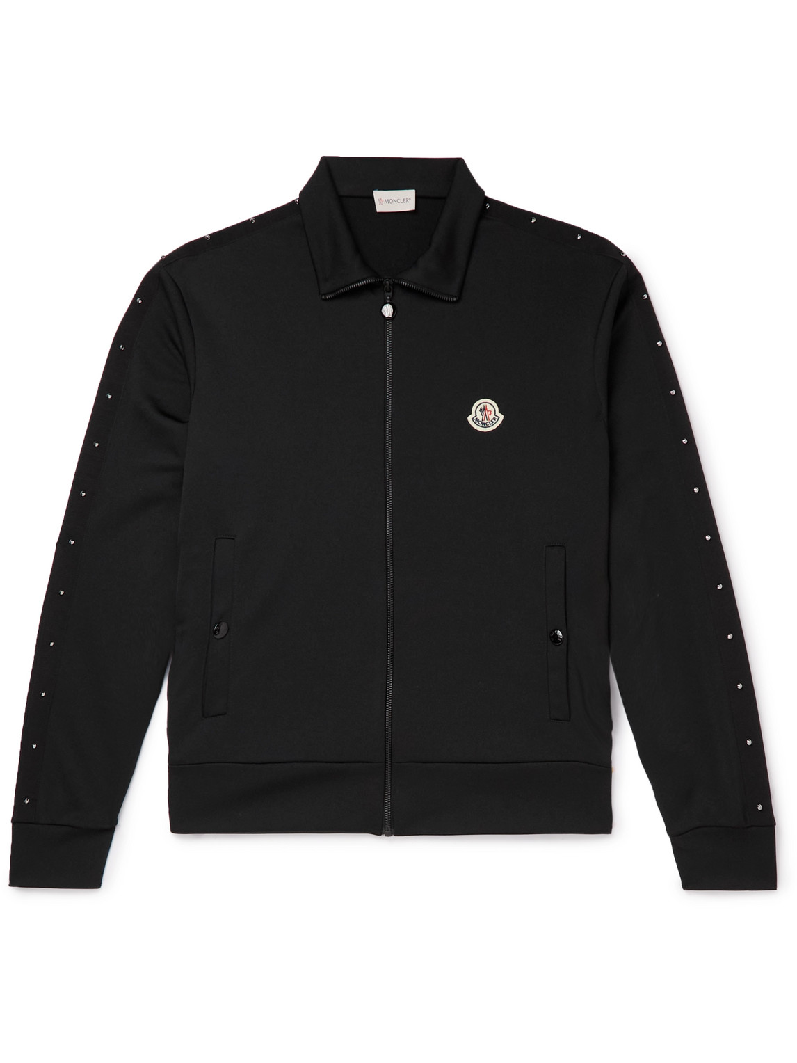 Moncler Logo-appliquéd Studded Grosgrain-trimmed Jersey Zip-up Sweatshirt In Black