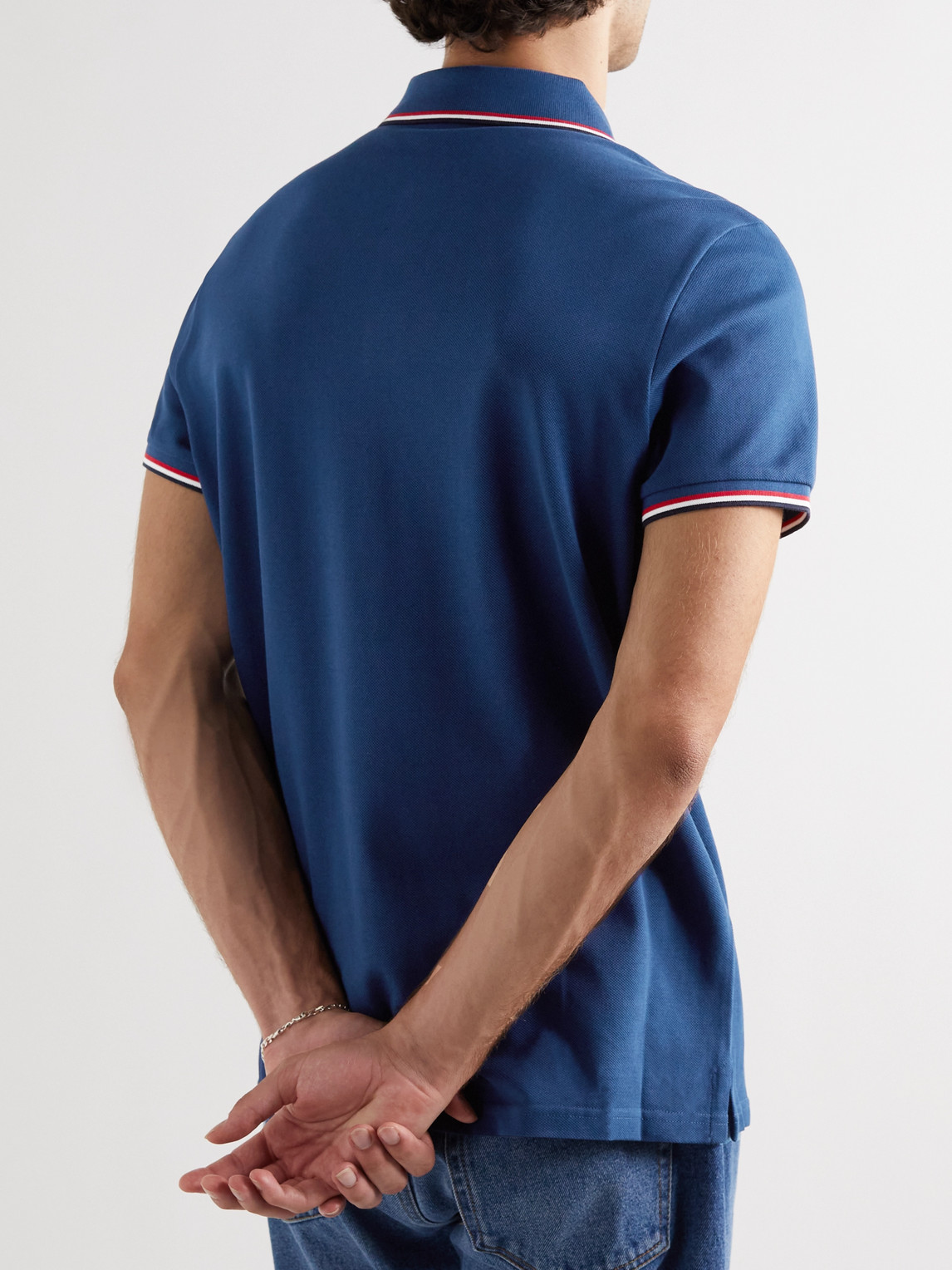 Shop Moncler Logo-appliquéd Striped Cotton-piqué Polo Shirt In Blue