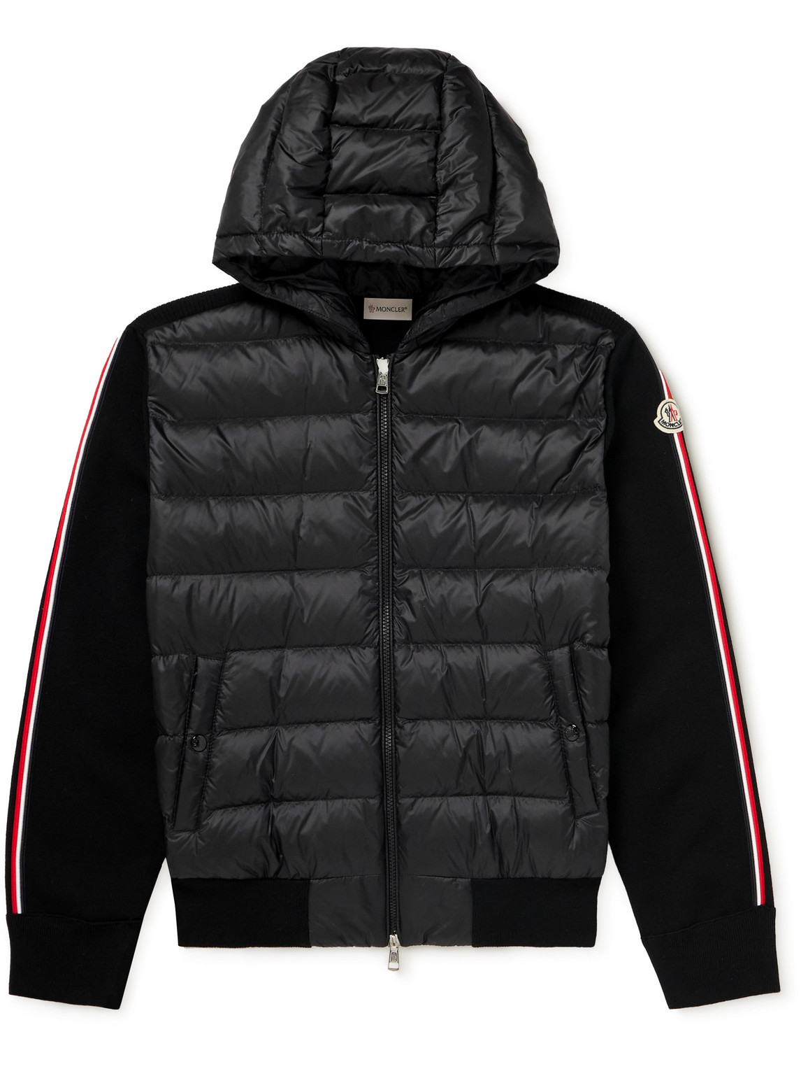 Moncler Slim-fit Ribbed Wool And Quilted Shell Down Hooded Zip-up Cardigan In Black