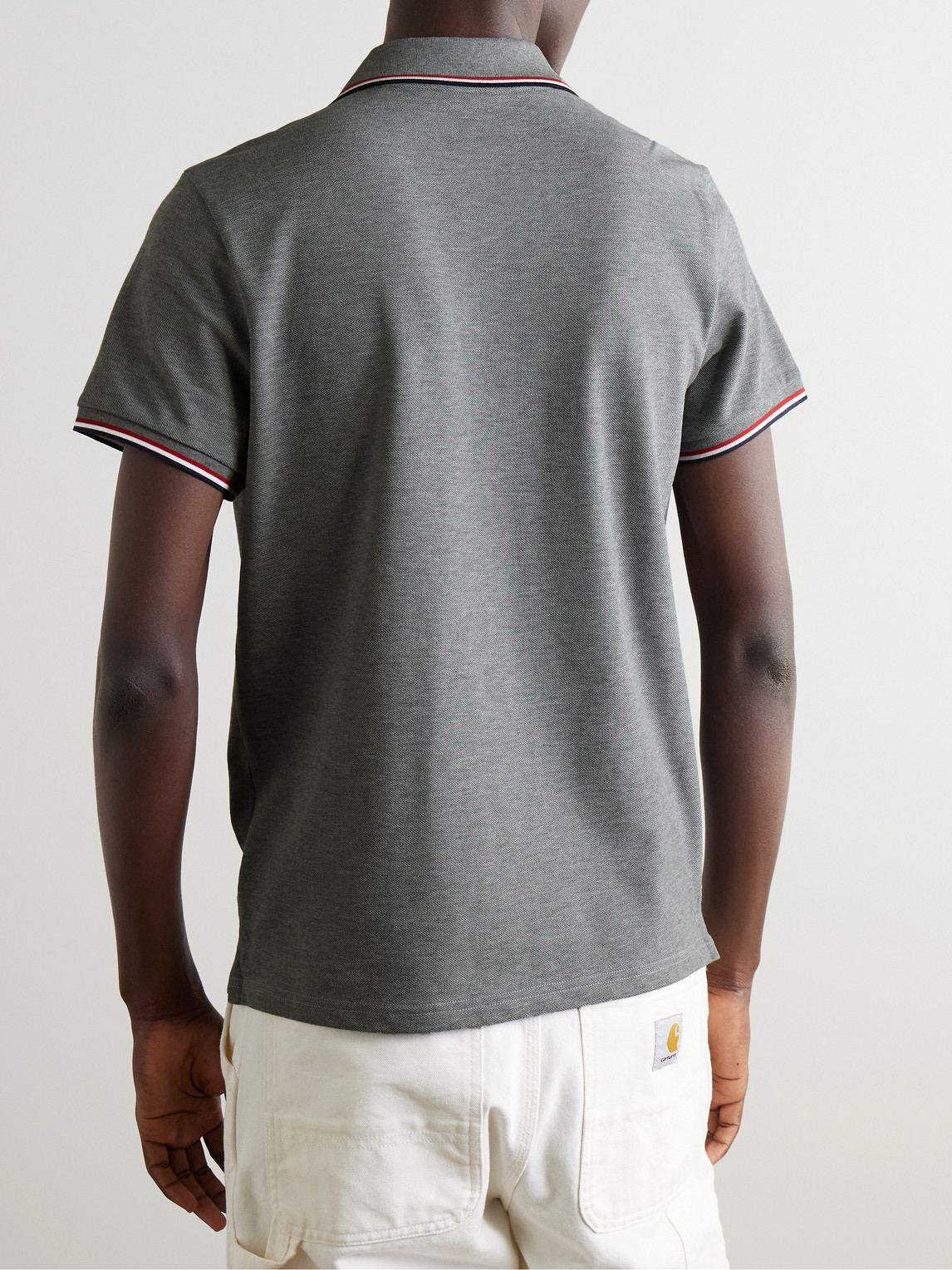 Shop Moncler Logo-appliquéd Striped Cotton-piqué Polo Shirt In Gray