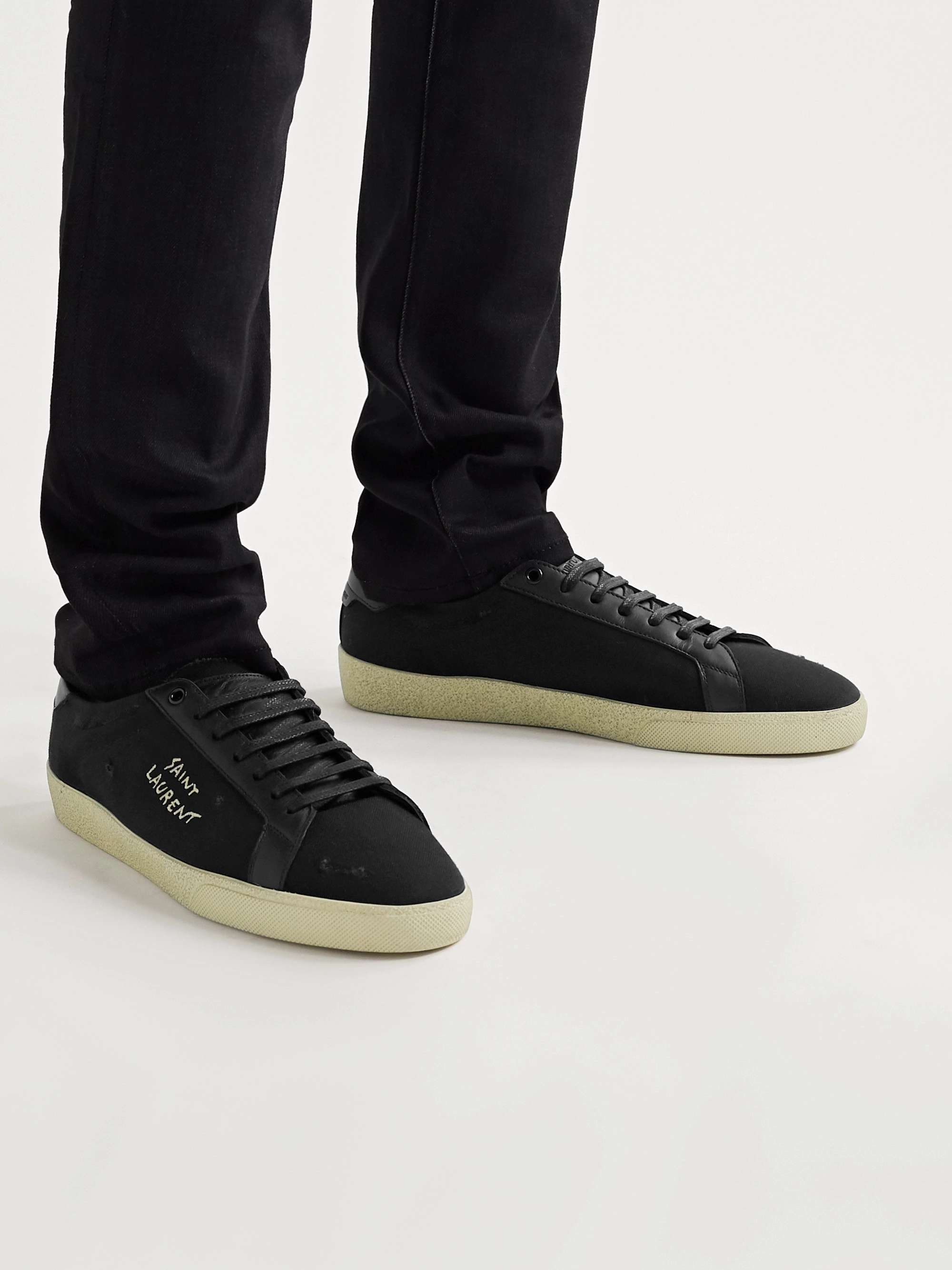 SAINT LAURENT Court Classic SL/06 Leather-Trimmed Logo-Embroidered Distressed Canvas Sneakers
