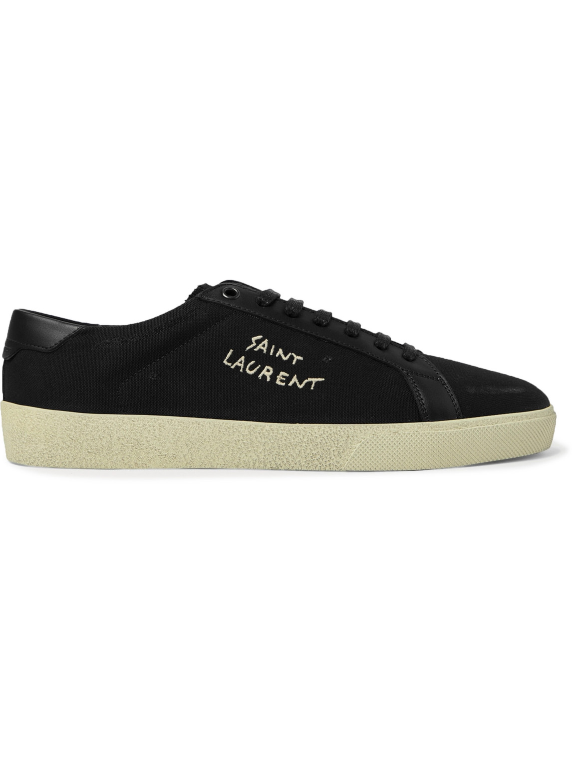 Shop Saint Laurent Court Classic Sl/06 Leather-trimmed Logo-embroidered Distressed Canvas Sneakers In Black