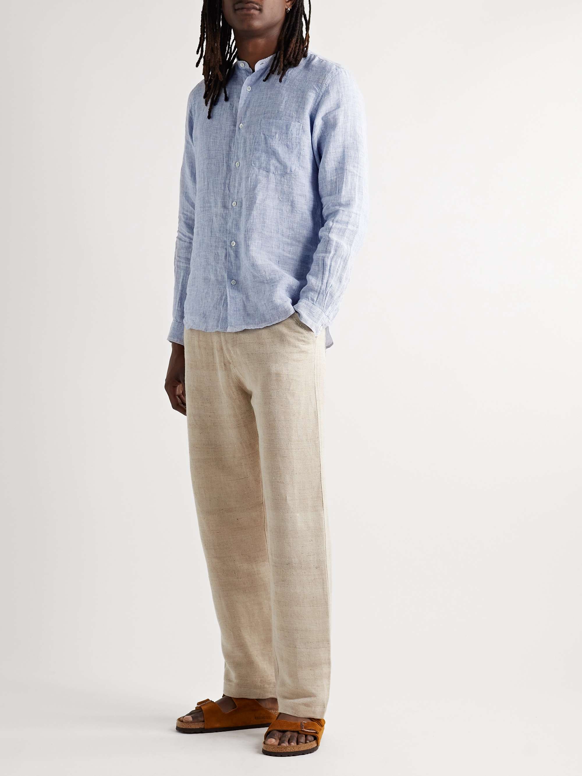 HARTFORD Grandad-Collar Pinstriped Linen Shirt