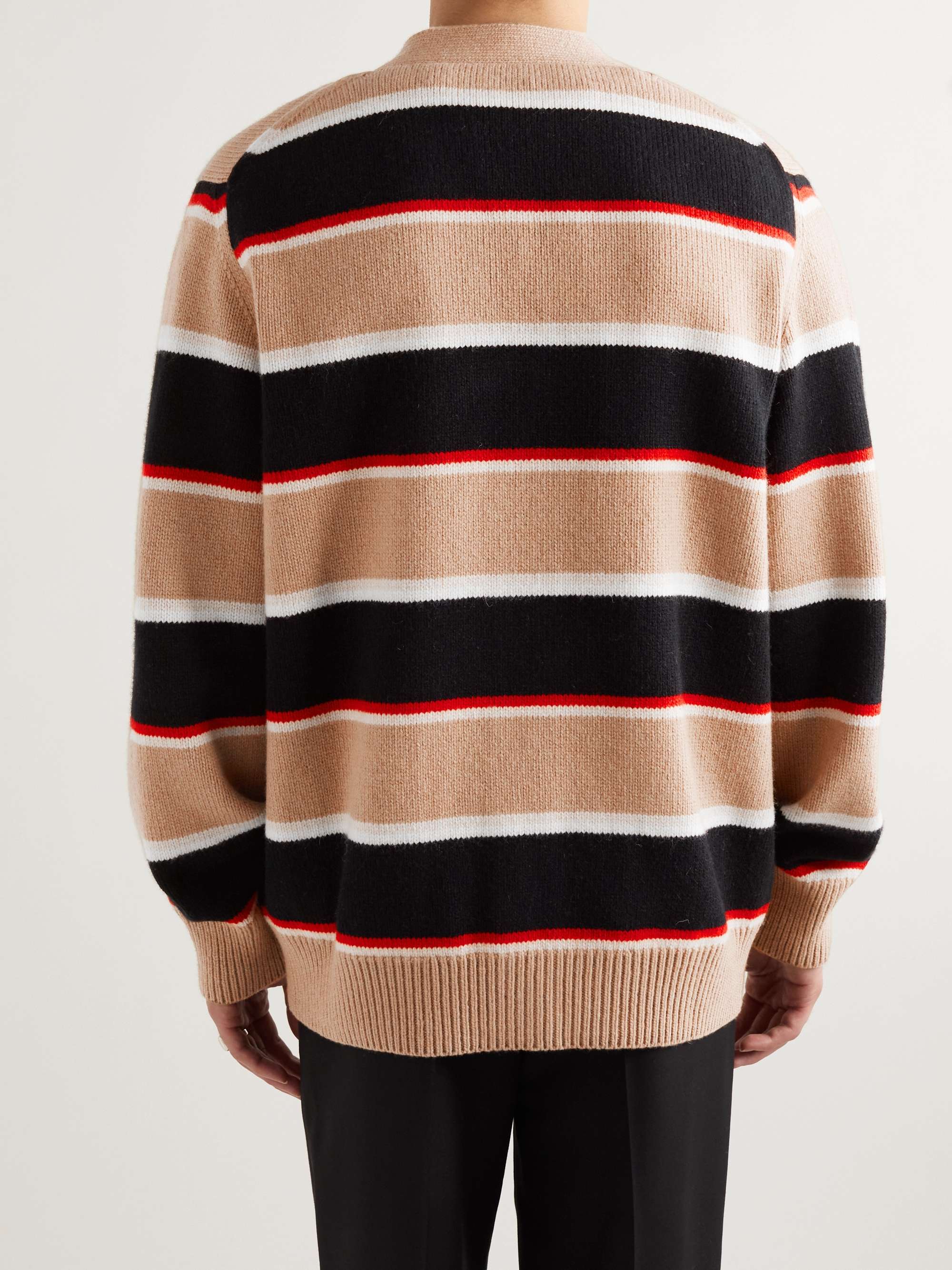 BURBERRY Logo-Embroidered Striped Wool and Cashmere-Blend Cardigan