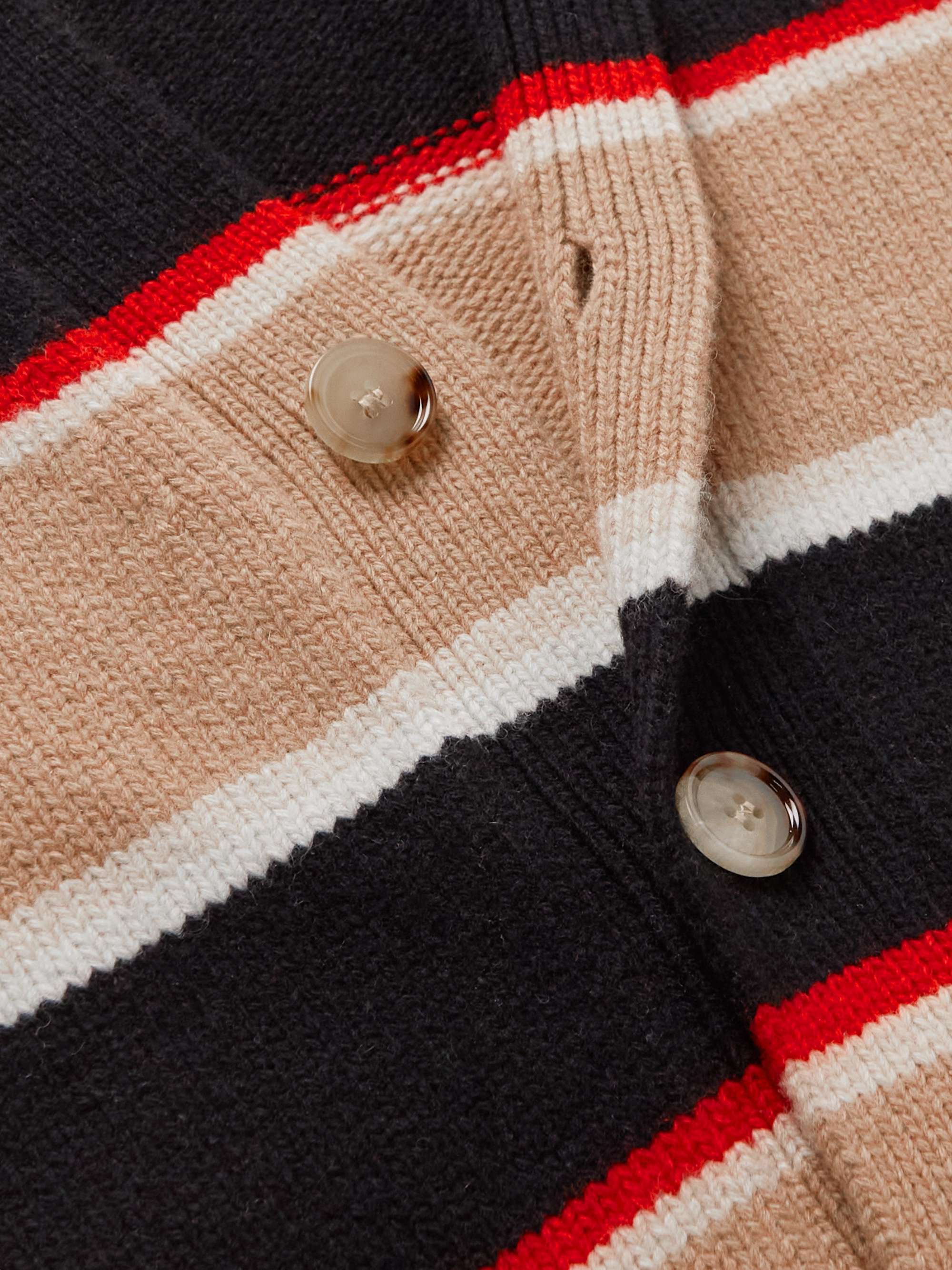 BURBERRY Logo-Embroidered Striped Wool and Cashmere-Blend Cardigan