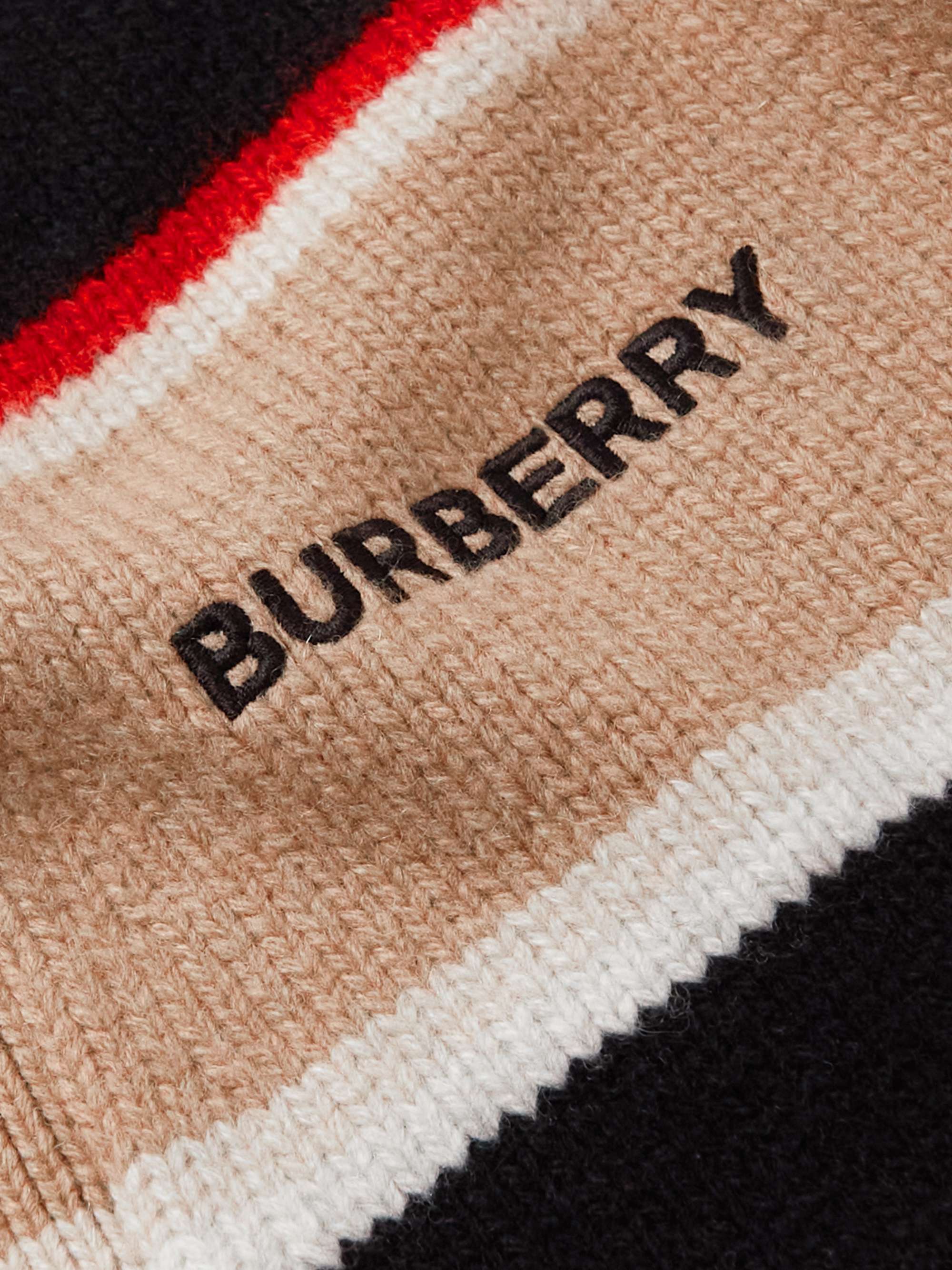 BURBERRY Logo-Embroidered Striped Wool and Cashmere-Blend Cardigan