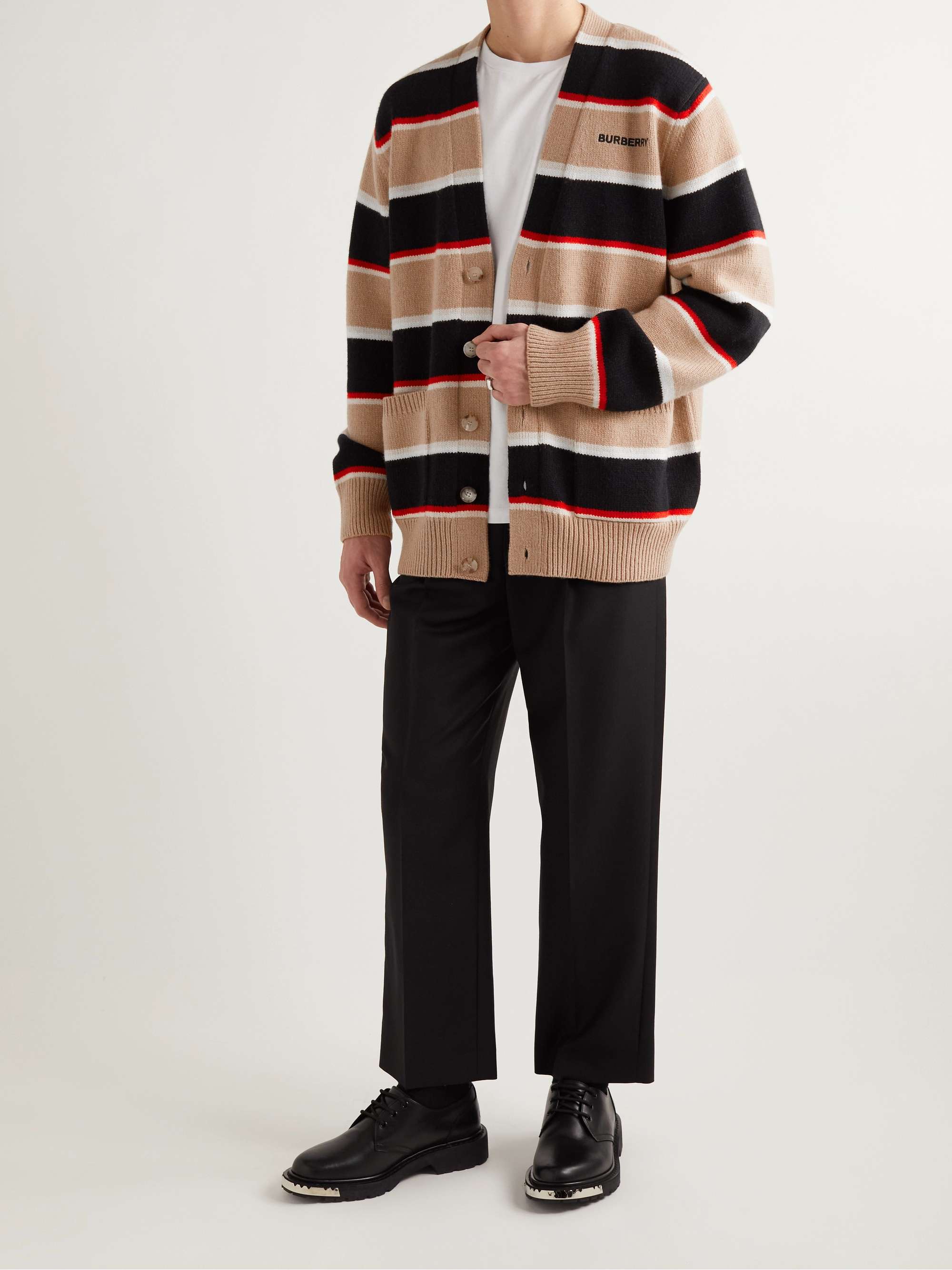 BURBERRY Logo-Embroidered Striped Wool and Cashmere-Blend Cardigan for | MR PORTER