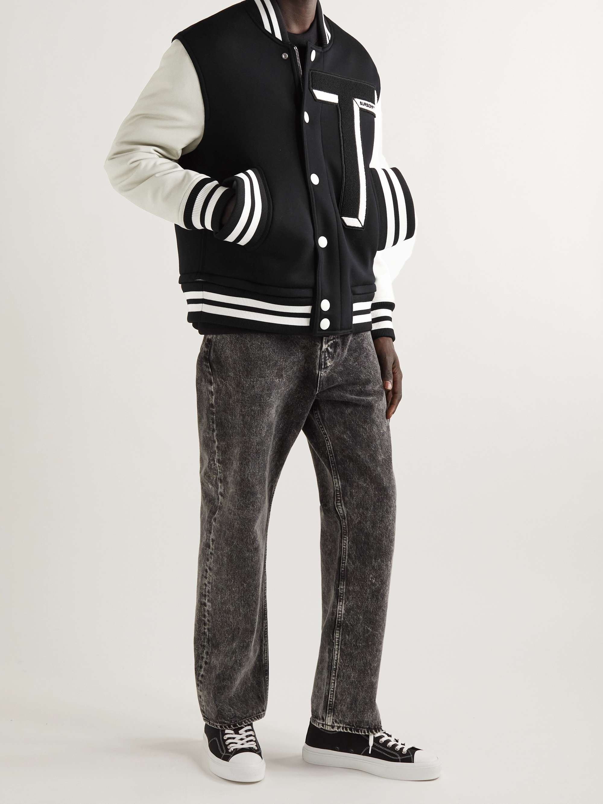 BURBERRY Logo-Appliquéd Jersey and Full-Grain Leather Padded Varsity ...