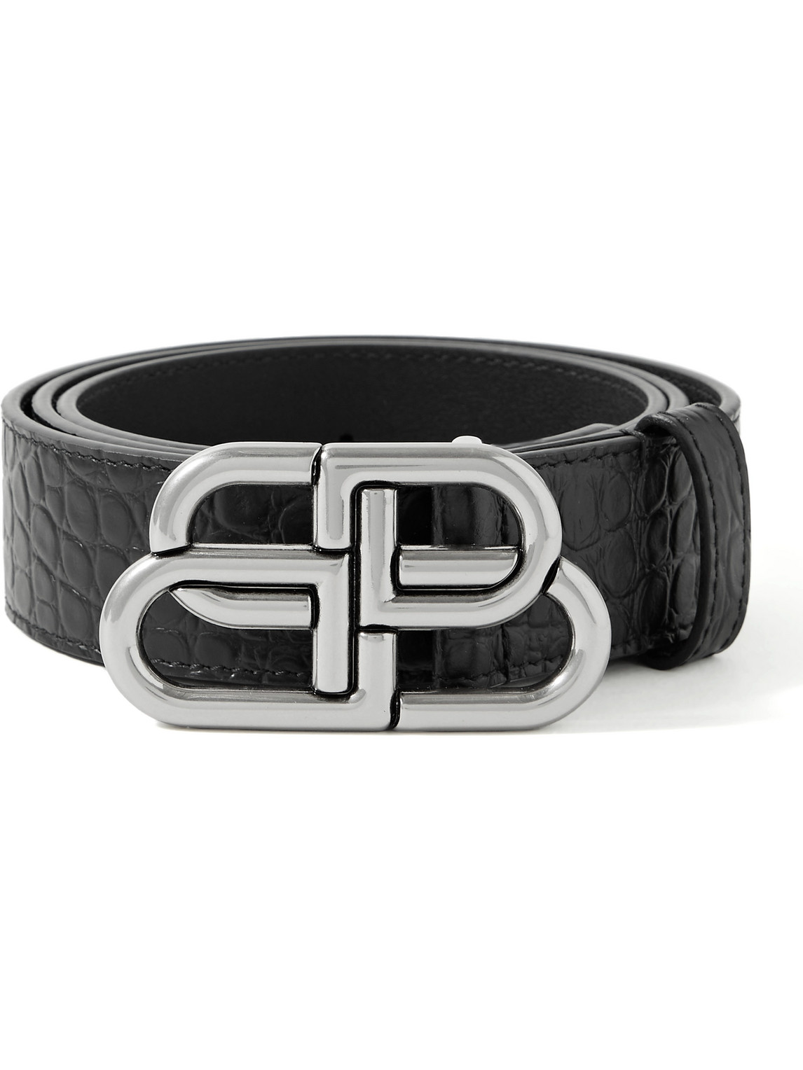 Balenciaga 3cm Logo-embellished Croc-effect Leather Belt In Black