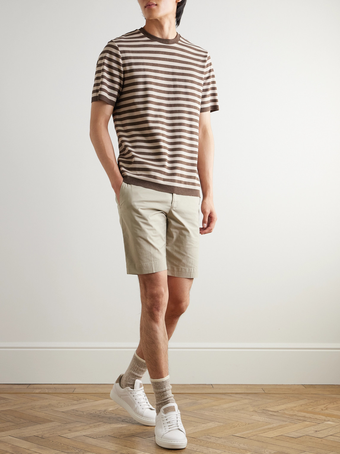 Shop Incotex Slim-fit Stretch-cotton Poplin Bermuda Shorts In Neutrals