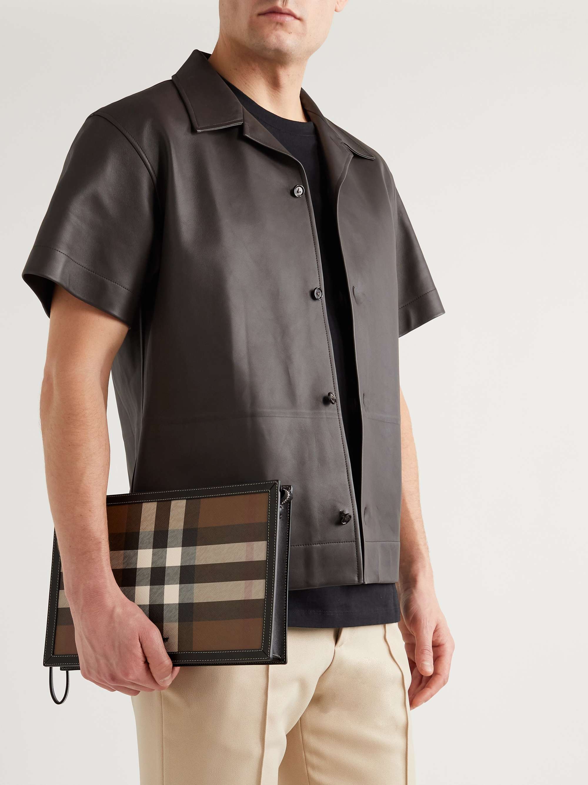 BURBERRY Leather-Trimmed Checked E-Canvas Pouch