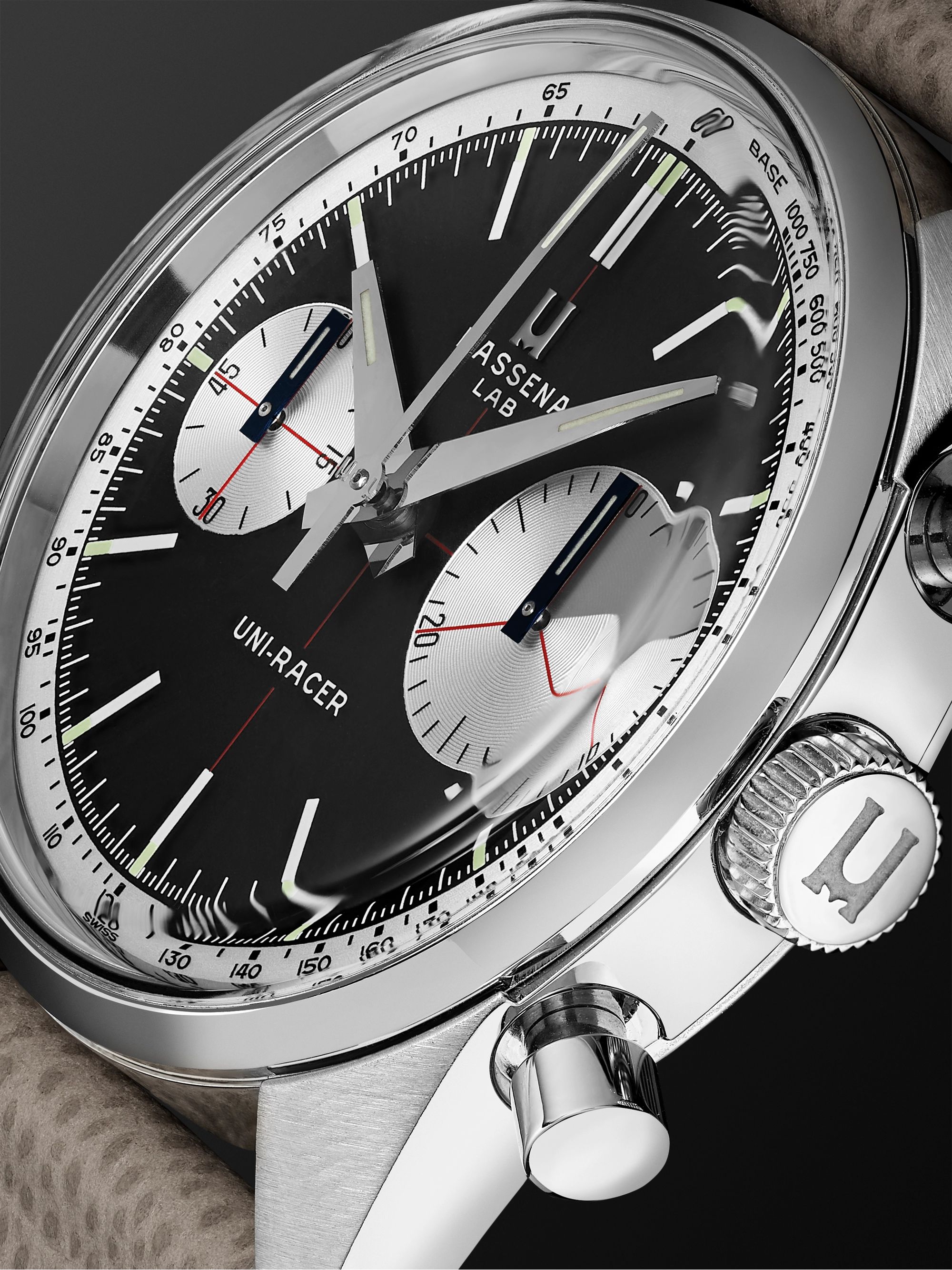MASSENA LAB Uni-Racer Limited Edition Hand-Wound Chronograph 39mm Stainless Steel and Cross-Grain Leather Watch, Ref. No. UR-002