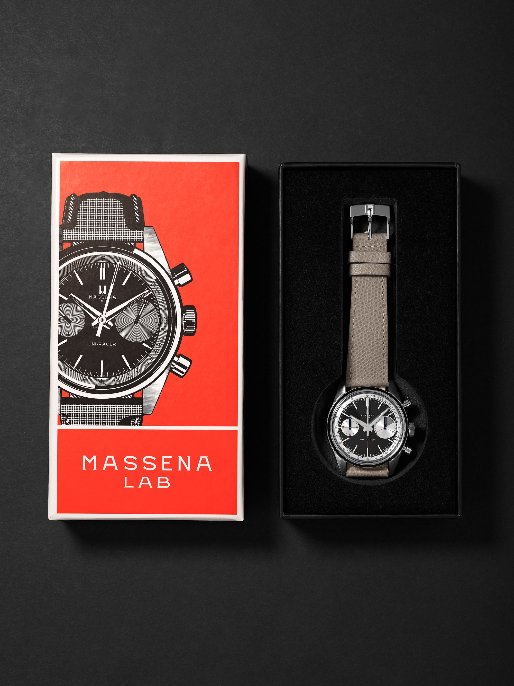 MASSENA LAB Uni-Racer Limited Edition Hand-Wound Chronograph 39mm Stainless Steel and Cross-Grain Leather Watch, Ref. No. UR-002