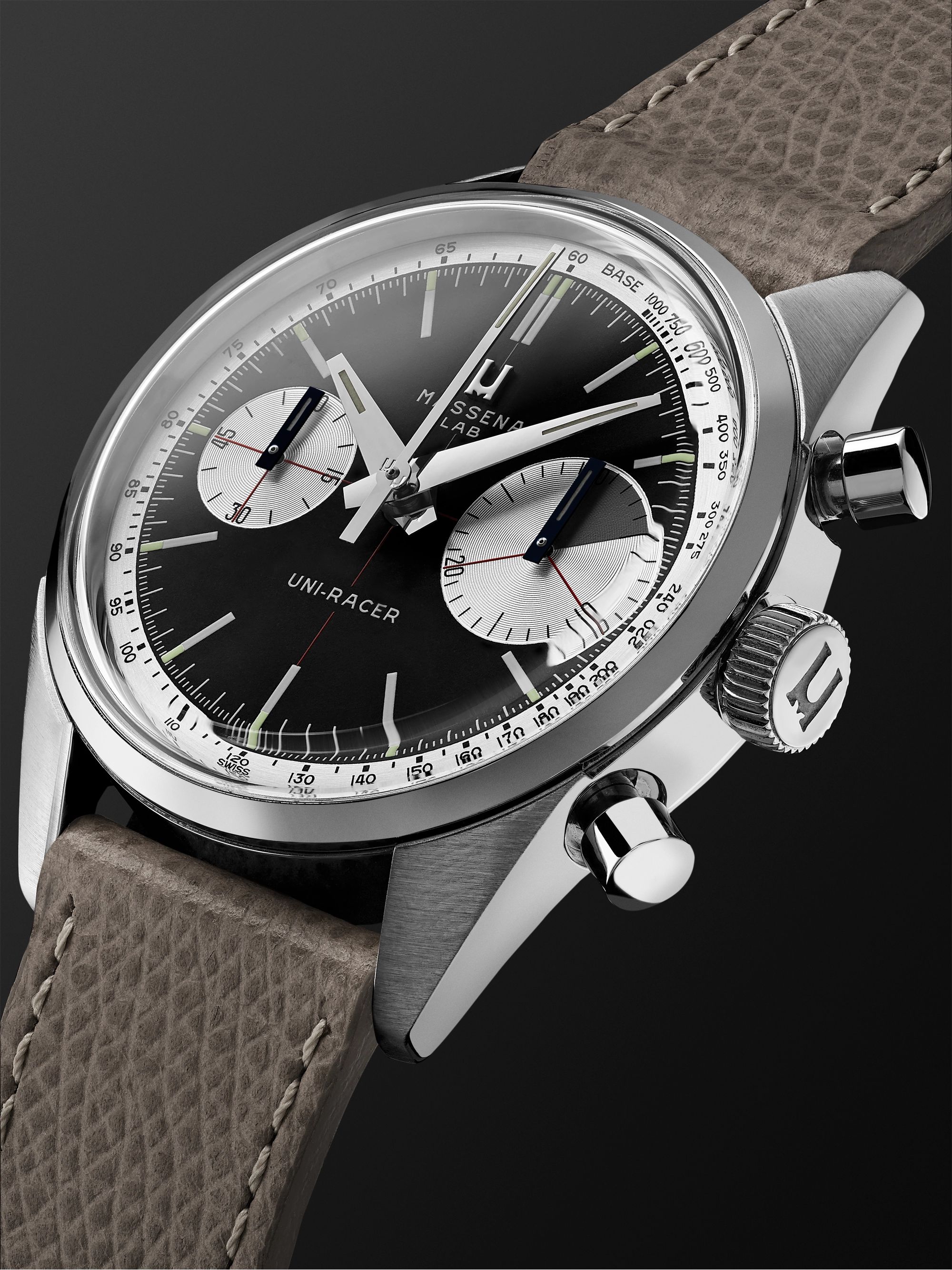 MASSENA LAB Uni-Racer Limited Edition Hand-Wound Chronograph 39mm Stainless Steel and Cross-Grain Leather Watch, Ref. No. UR-002