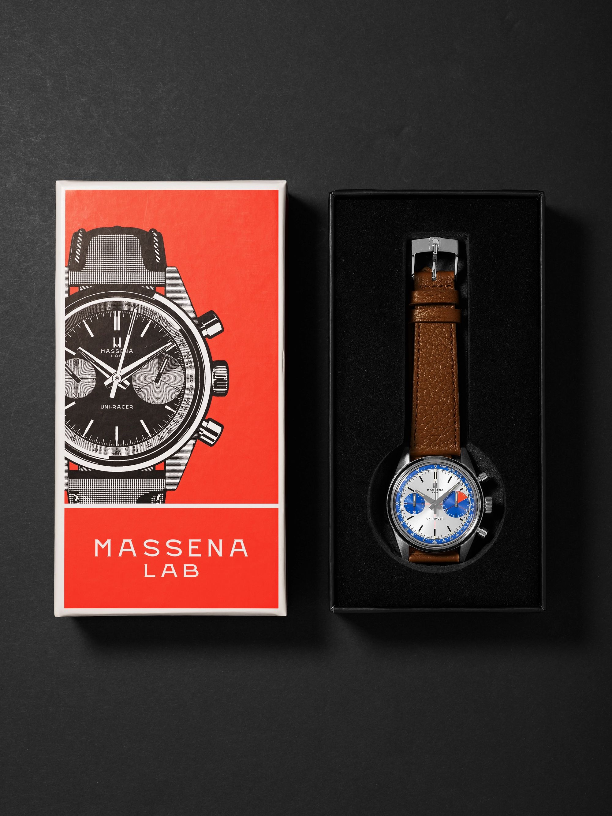 MASSENA LAB Uni-Racer Limited Edition Hand-Wound Chronograph 39mm Stainless Steel and Full-Grain Leather Watch, Ref. No. UR-003-RAL
