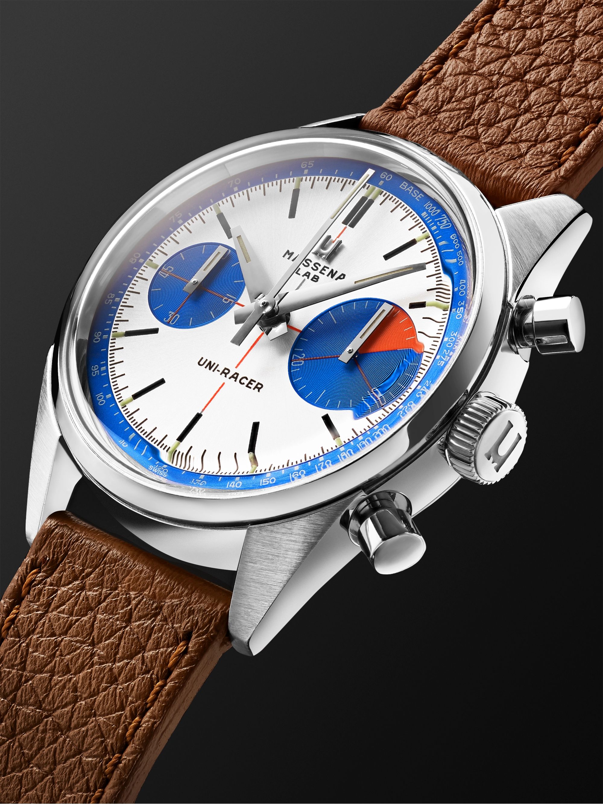 MASSENA LAB Uni-Racer Limited Edition Hand-Wound Chronograph 39mm Stainless Steel and Full-Grain Leather Watch, Ref. No. UR-003-RAL