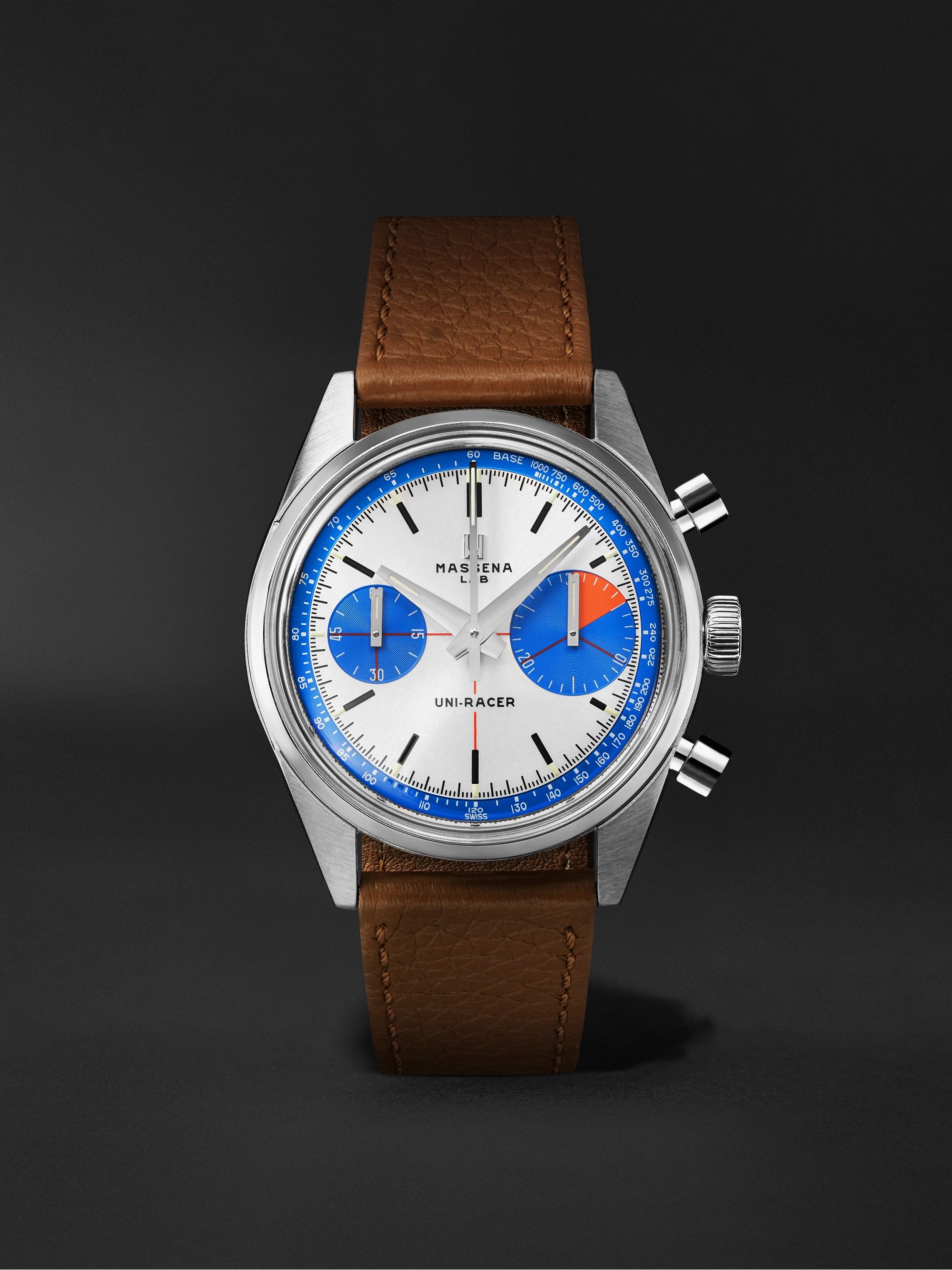 MASSENA LAB Uni-Racer Limited Edition Hand-Wound Chronograph 39mm Stainless Steel and Full-Grain Leather Watch, Ref. No. UR-003-RAL