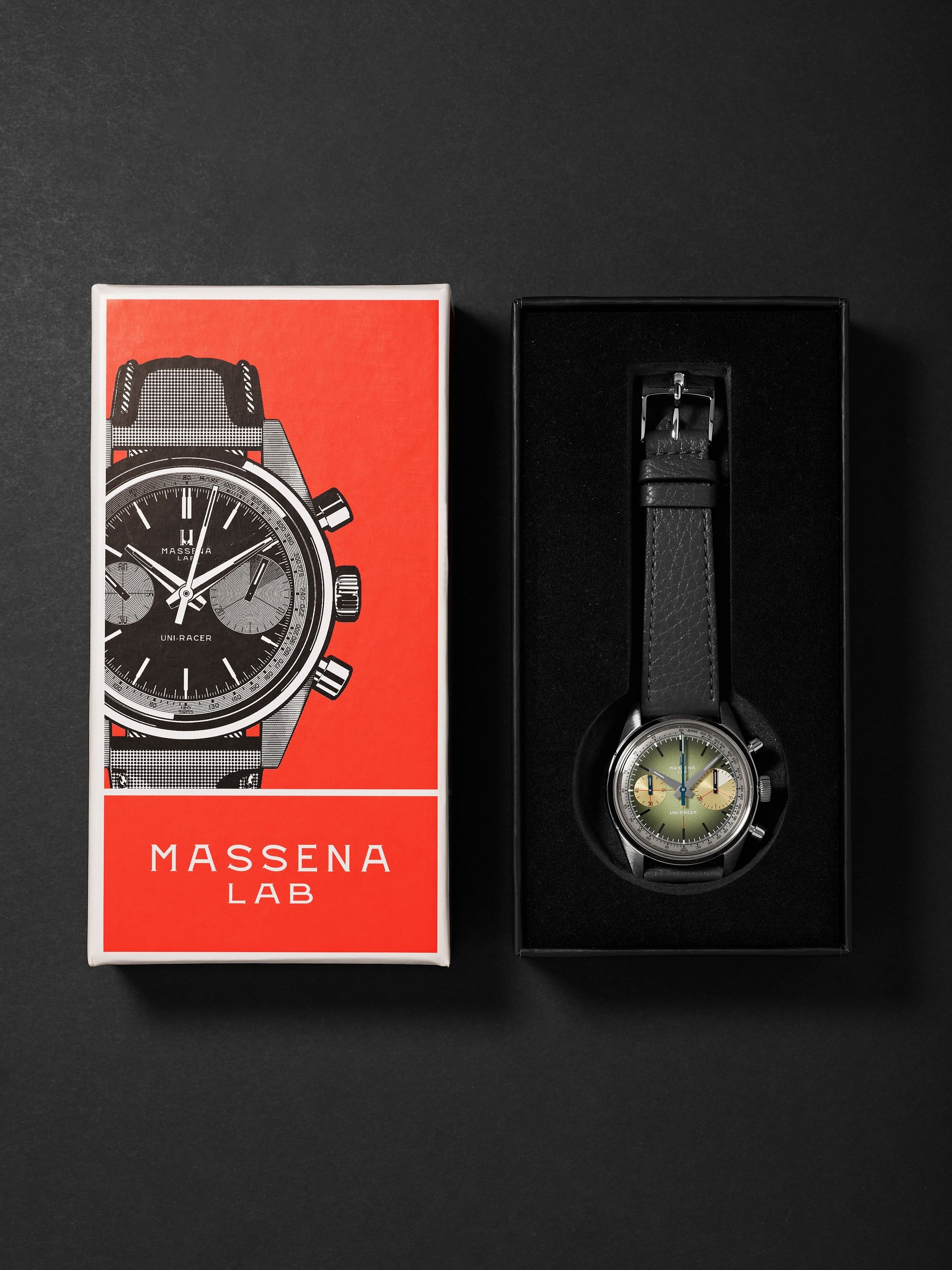 MASSENA LAB Uni-Racer Limited Edition Hand-Wound Chronograph 39mm Stainless Steel and Full-Grain Leather Watch, Ref. No. UR-004-SAF