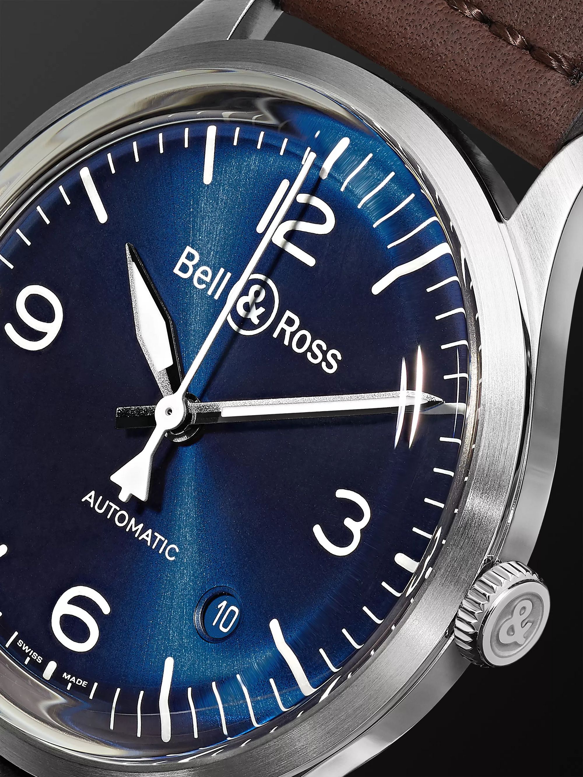 BELL & ROSS BR V1-92 Blue Steel Automatic 38.5mm Steel and Leather Watch, Ref. No. BRV192-BLU-ST/SCA