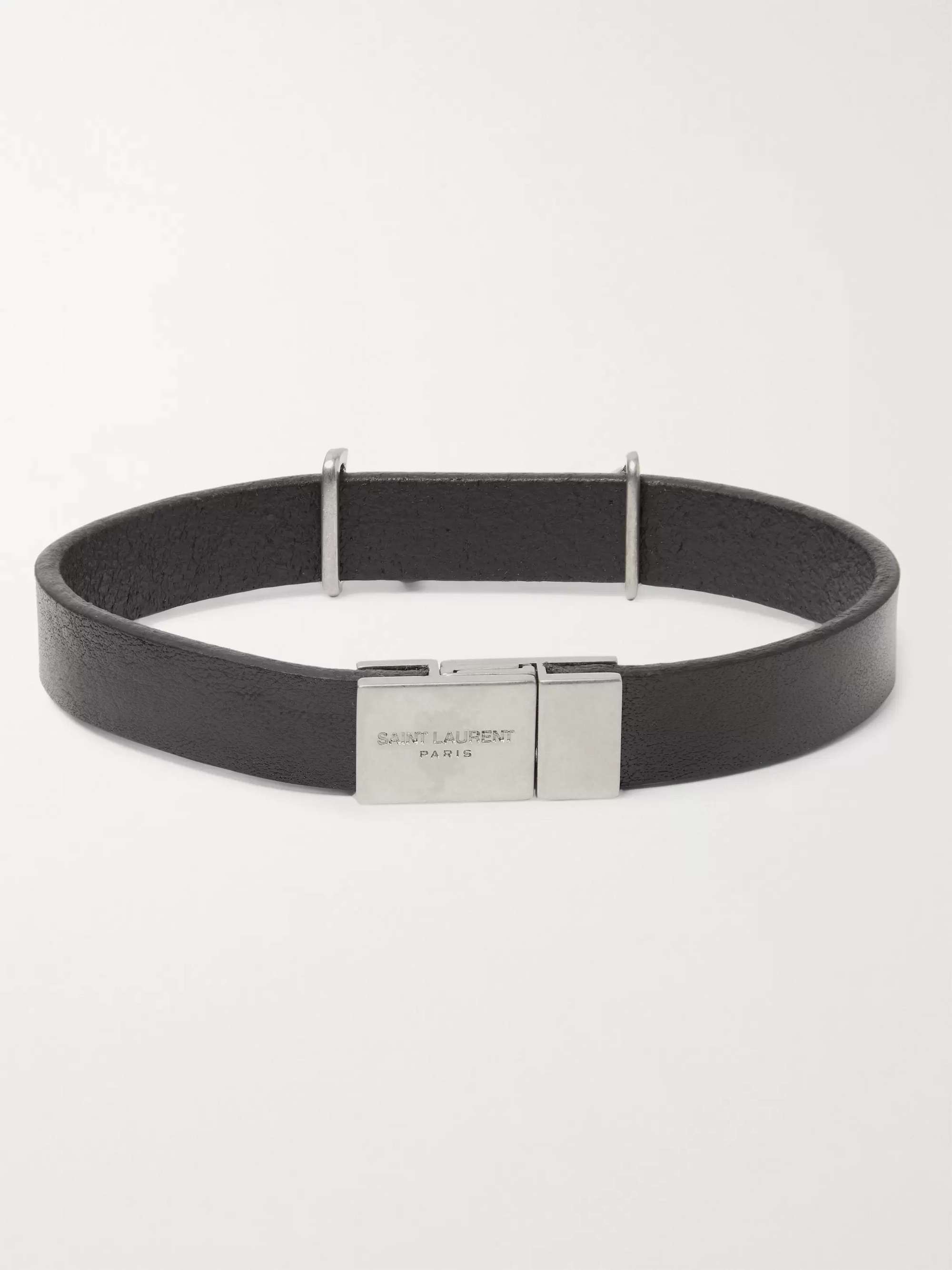 SAINT LAURENT Logo-Detailed Burnished Silver-Tone and Leather Bracelet