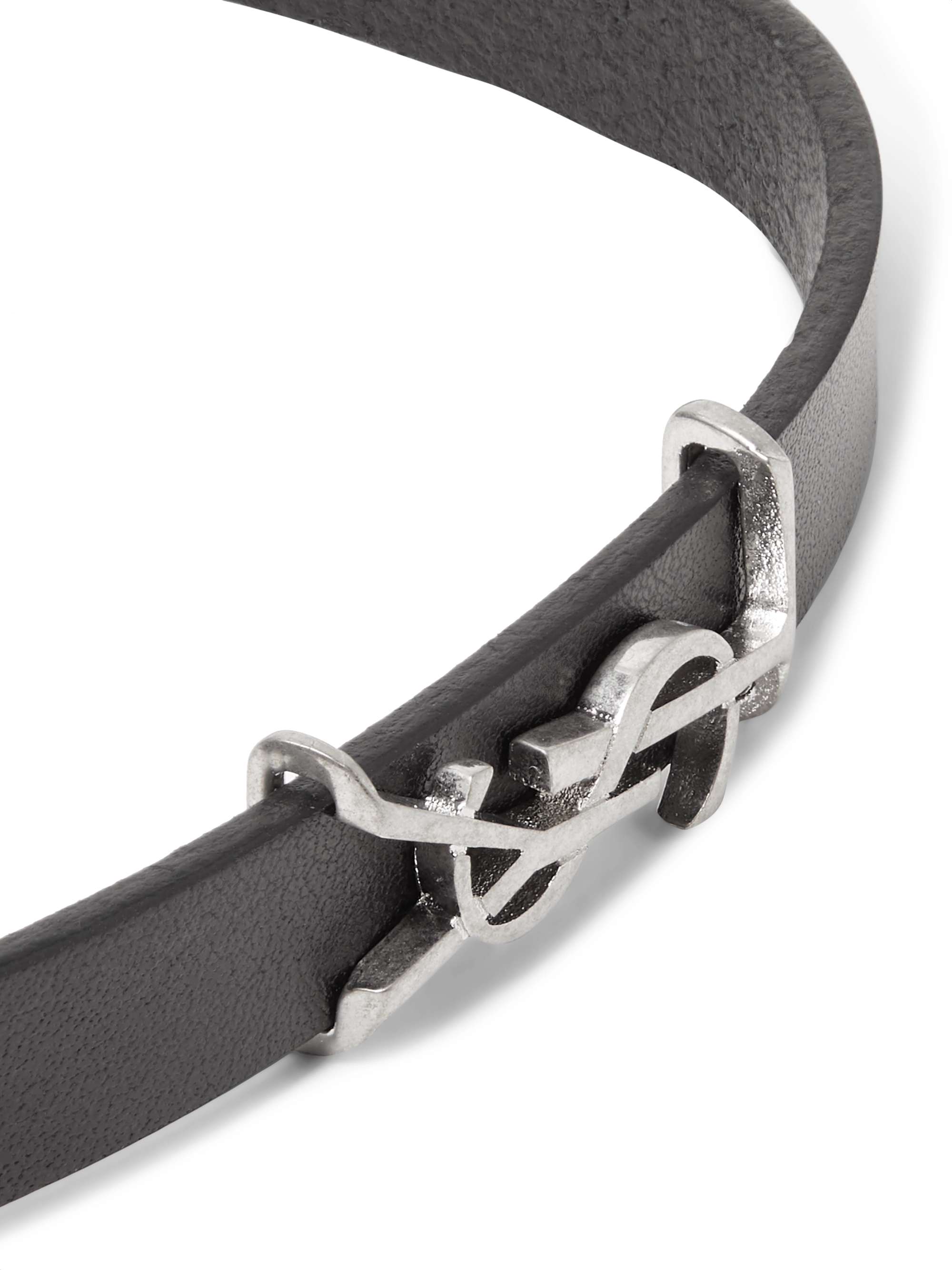 SAINT LAURENT Logo-Detailed Burnished Silver-Tone and Leather