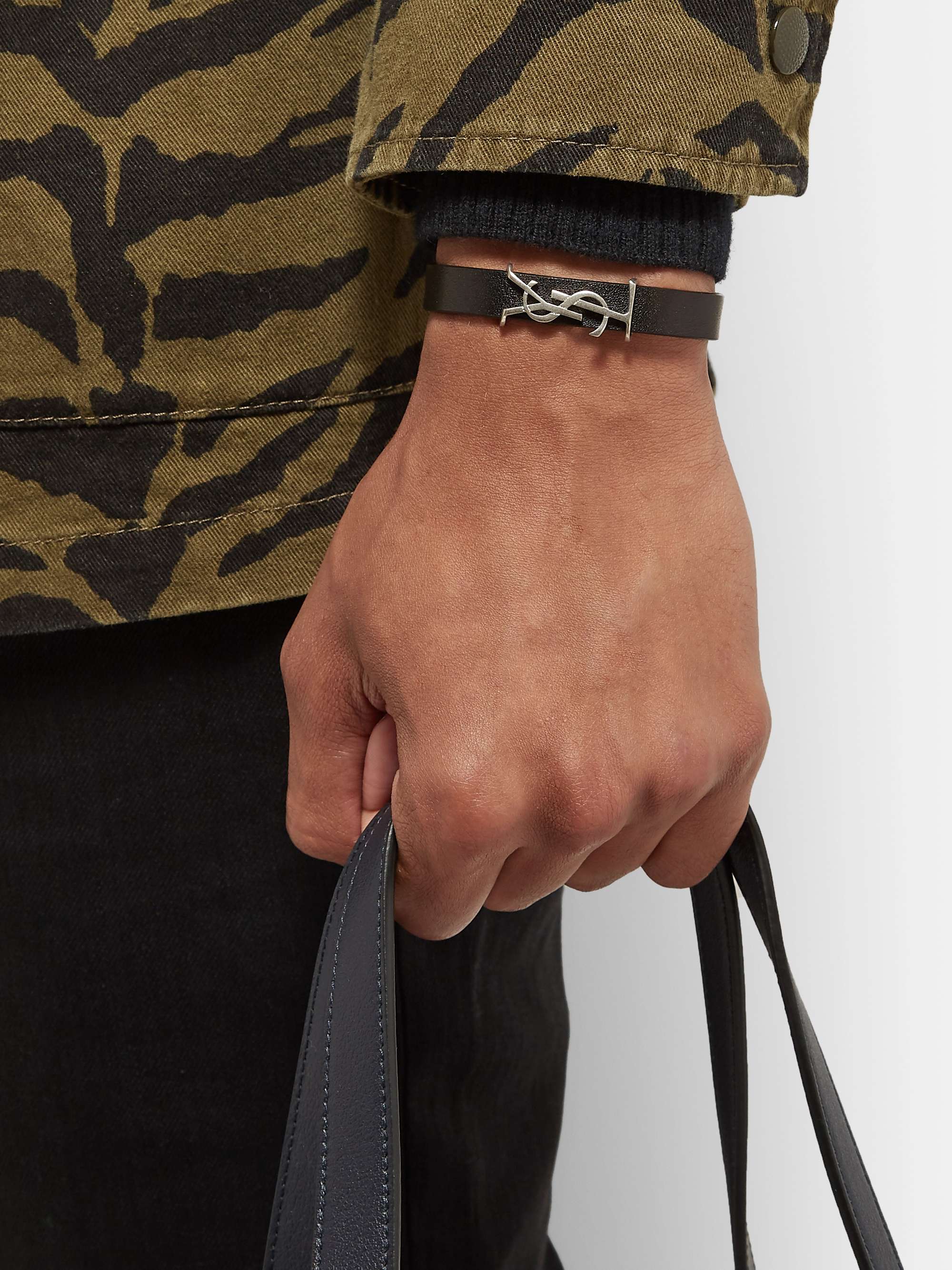 SAINT LAURENT Logo-Detailed Burnished Silver-Tone and Leather Bracelet