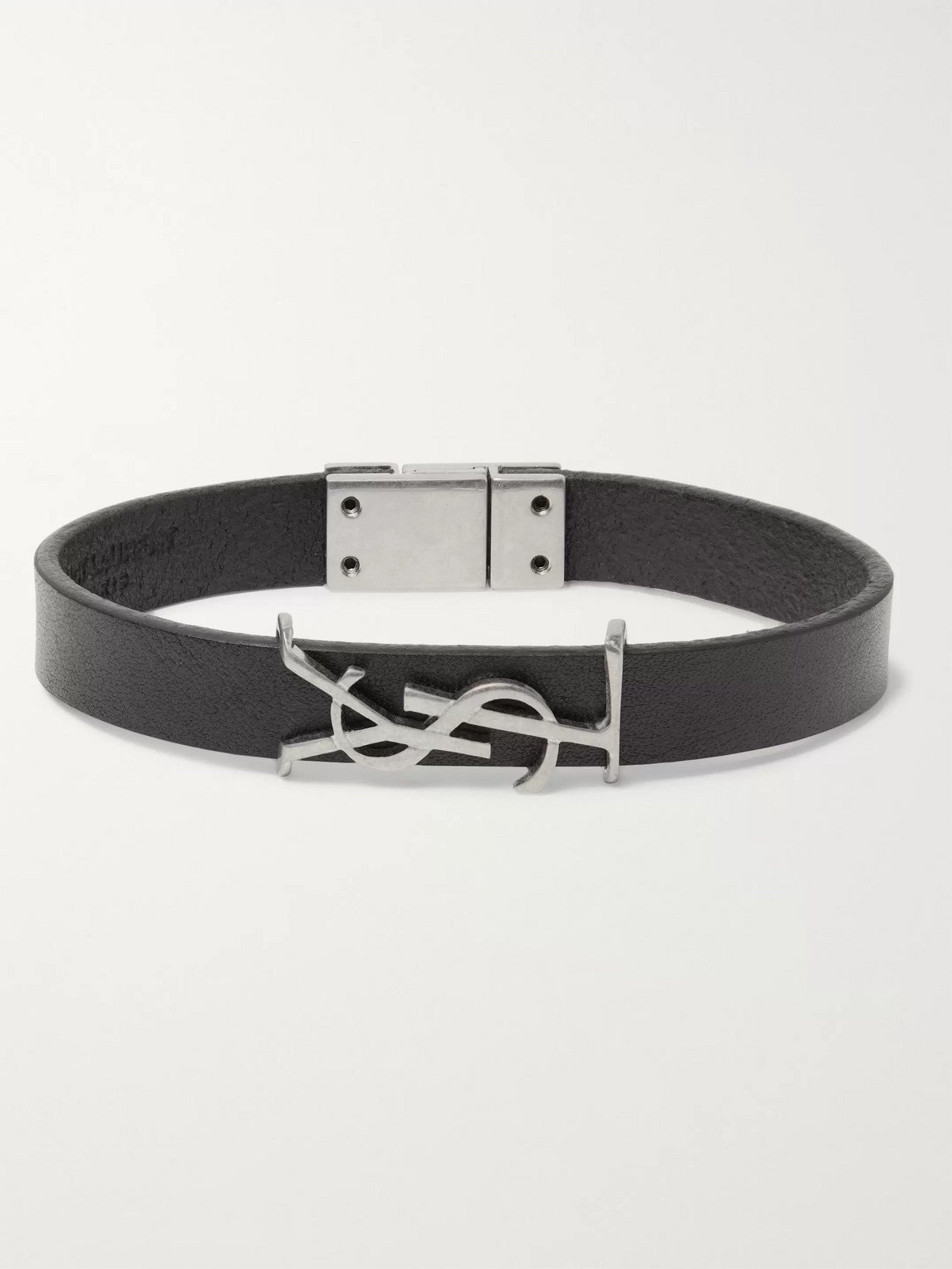 Saint Laurent Logo-detailed Burnished Silver-tone And Leather Bracelet In Black