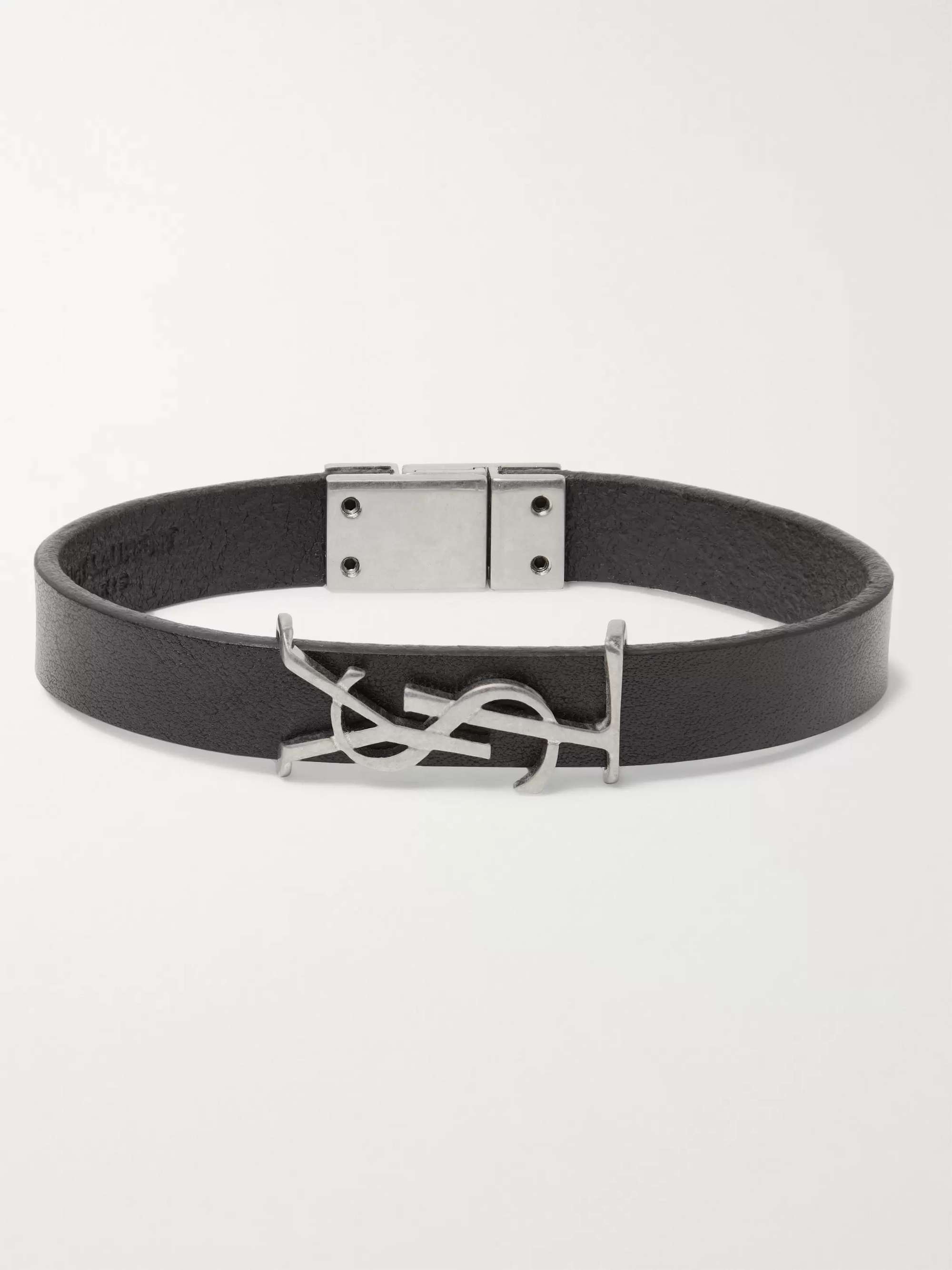 SAINT LAURENT Logo-Detailed Burnished Silver-Tone and Leather Bracelet
