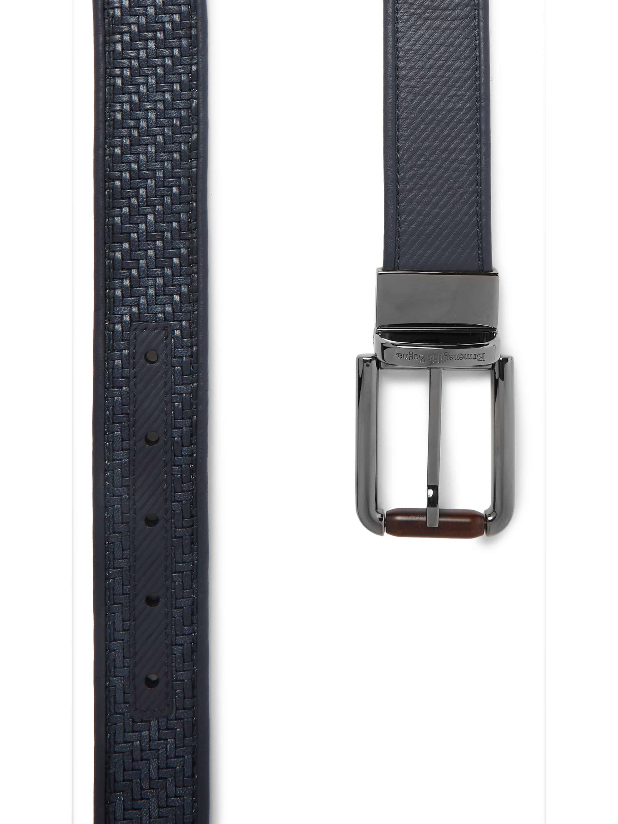 ZEGNA 3.5cm Blue Reversible PelleTessuta Leather Belt