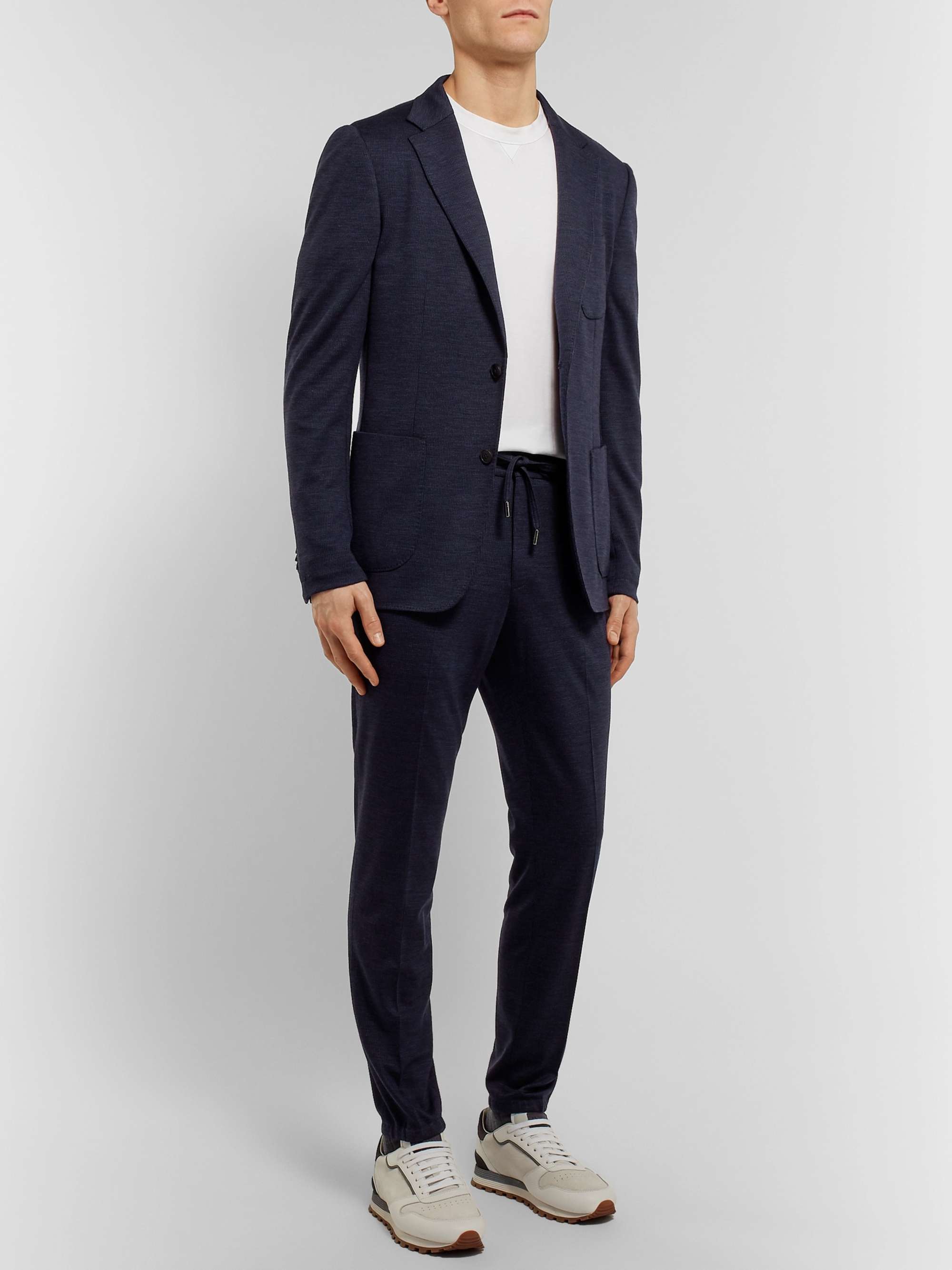 Z ZEGNA Navy Slim-Fit Tapered Puppytooth TECHMERINO Wool-Jersey Suit Trousers