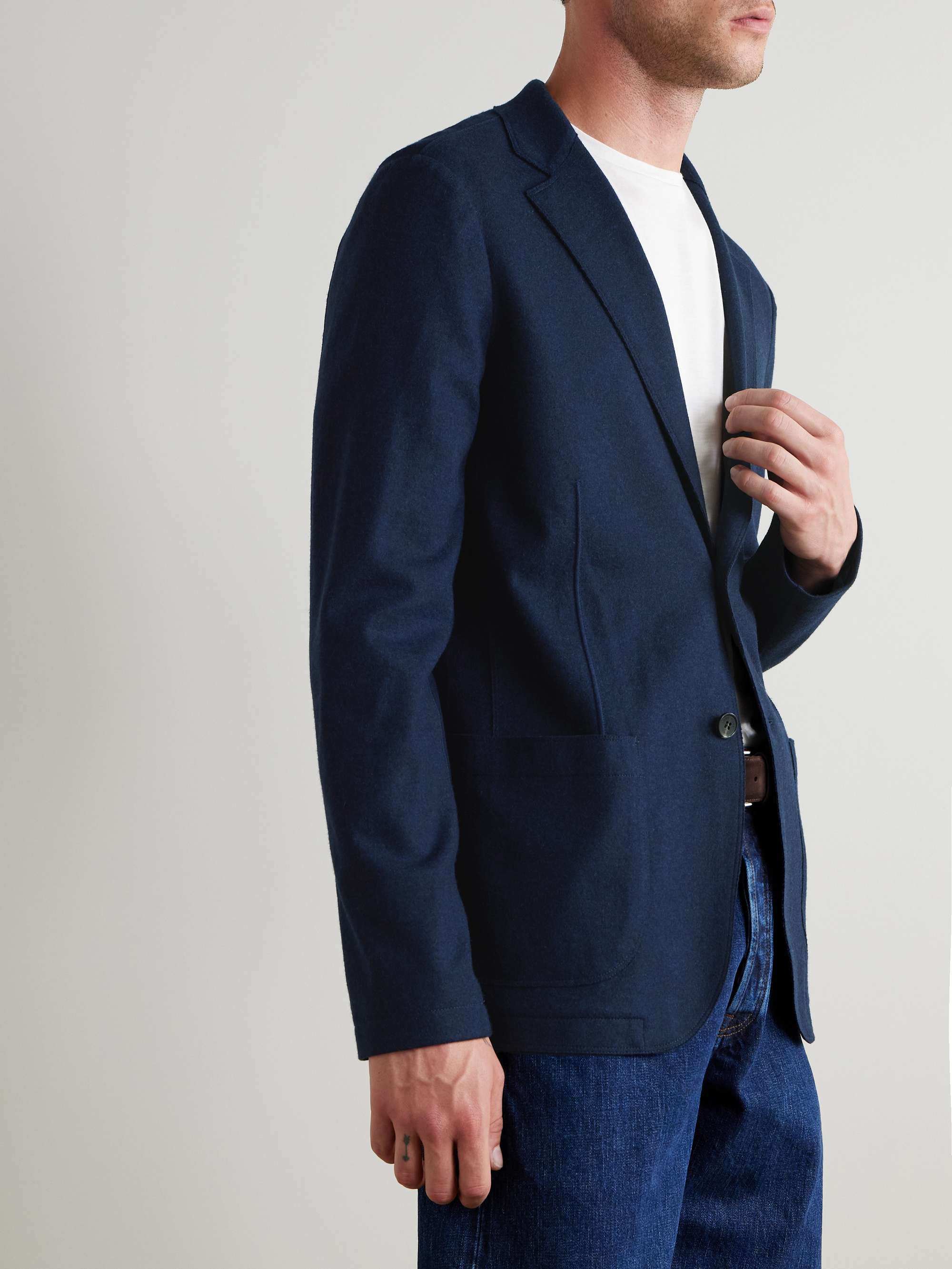 LORO PIANA Navy Slim-Fit Suede-Trimmed Panelled Cashmere and Wool Blazer