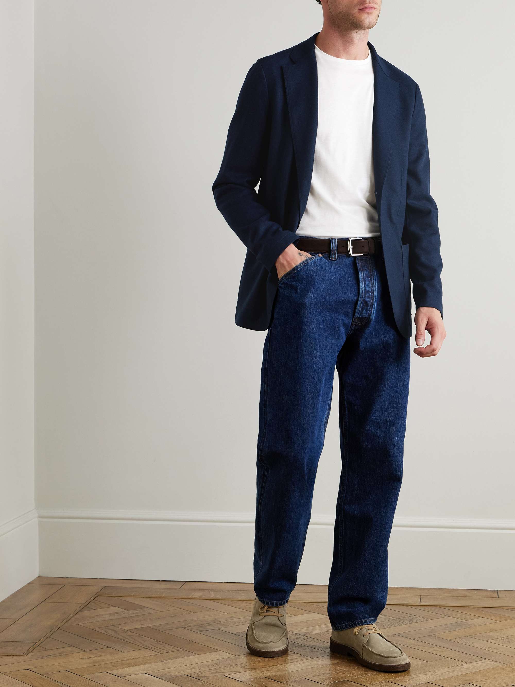 LORO PIANA Navy Slim-Fit Suede-Trimmed Panelled Cashmere and Wool Blazer