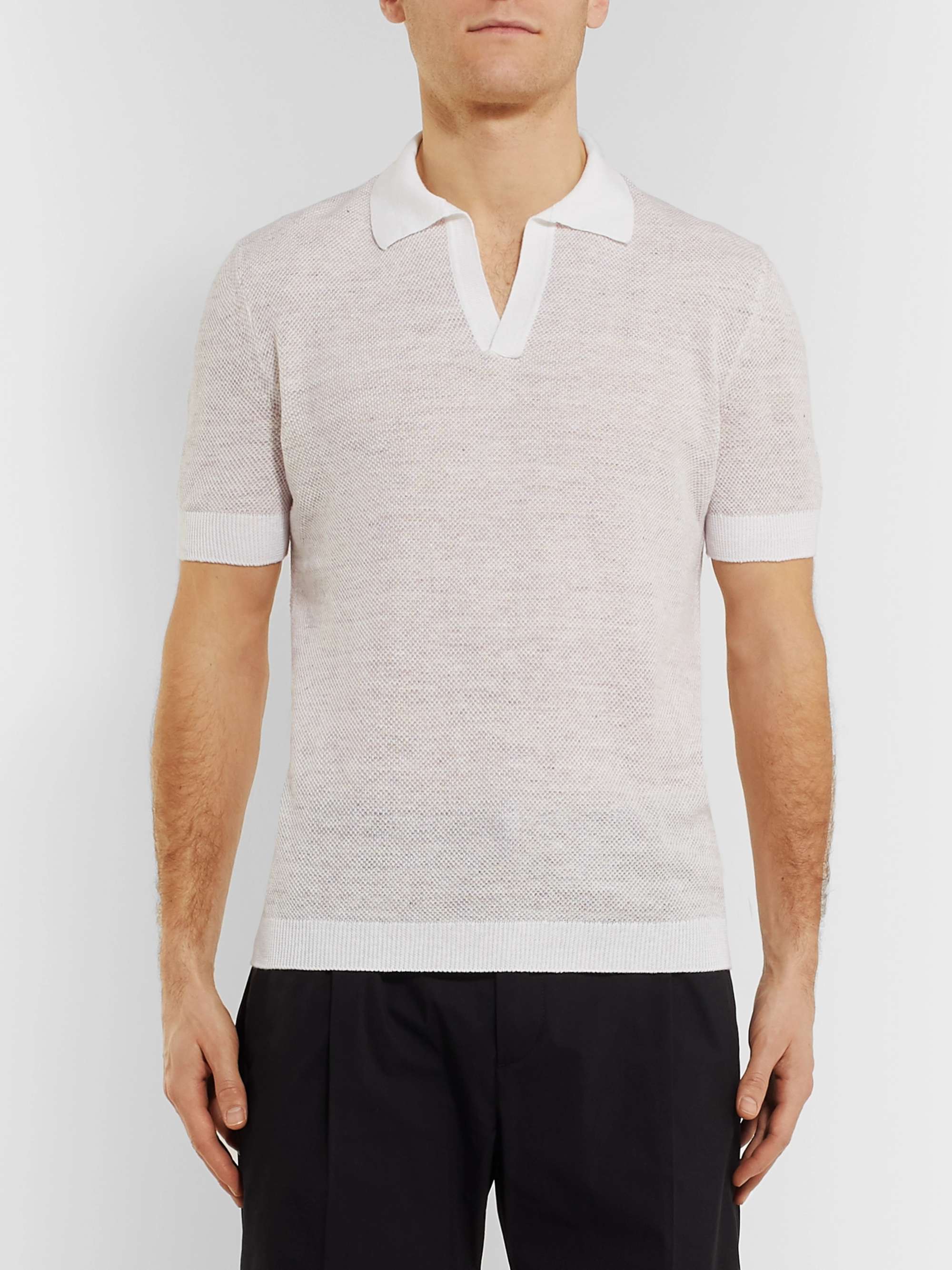 ZEGNA Slim-Fit Waffle-Knit Mélange Linen and Cotton-Blend Polo Shirt