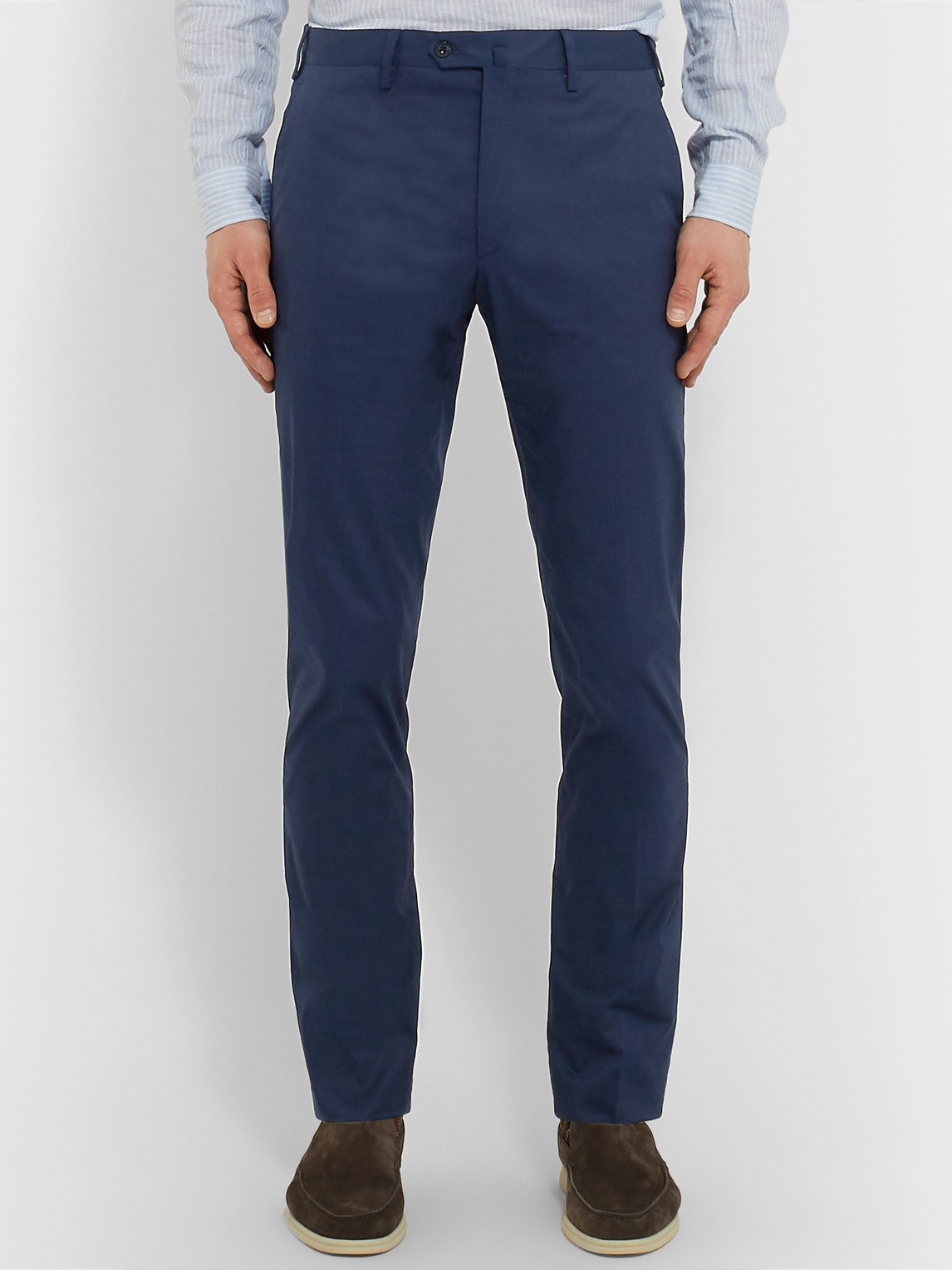 Shop Loro Piana Navy Slim-fit Stretch-cotton Twill Trousers In Blue