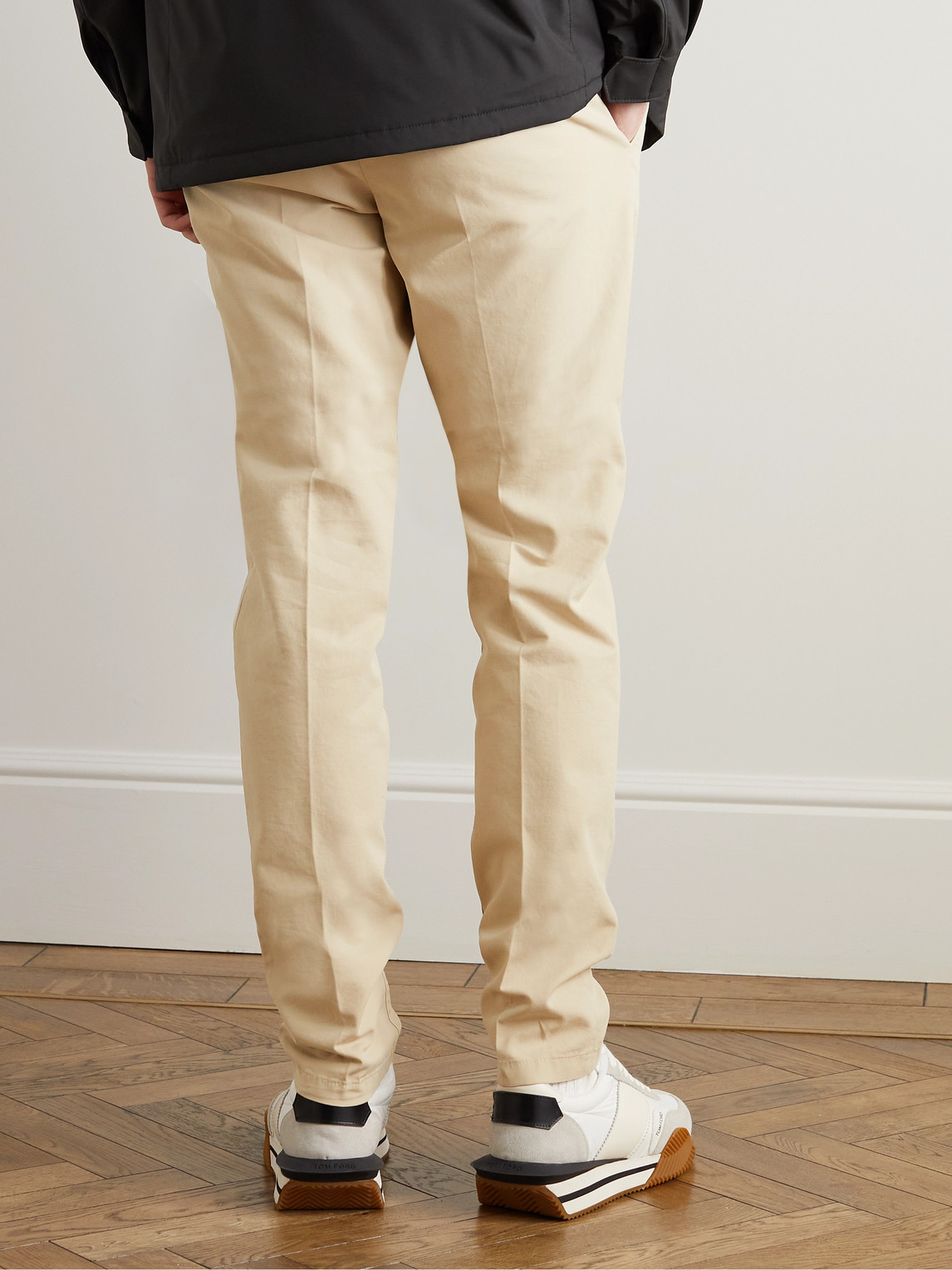 Shop Loro Piana Pantaflat Slim-fit Pleated Stretch-cotton Trousers In Neutrals