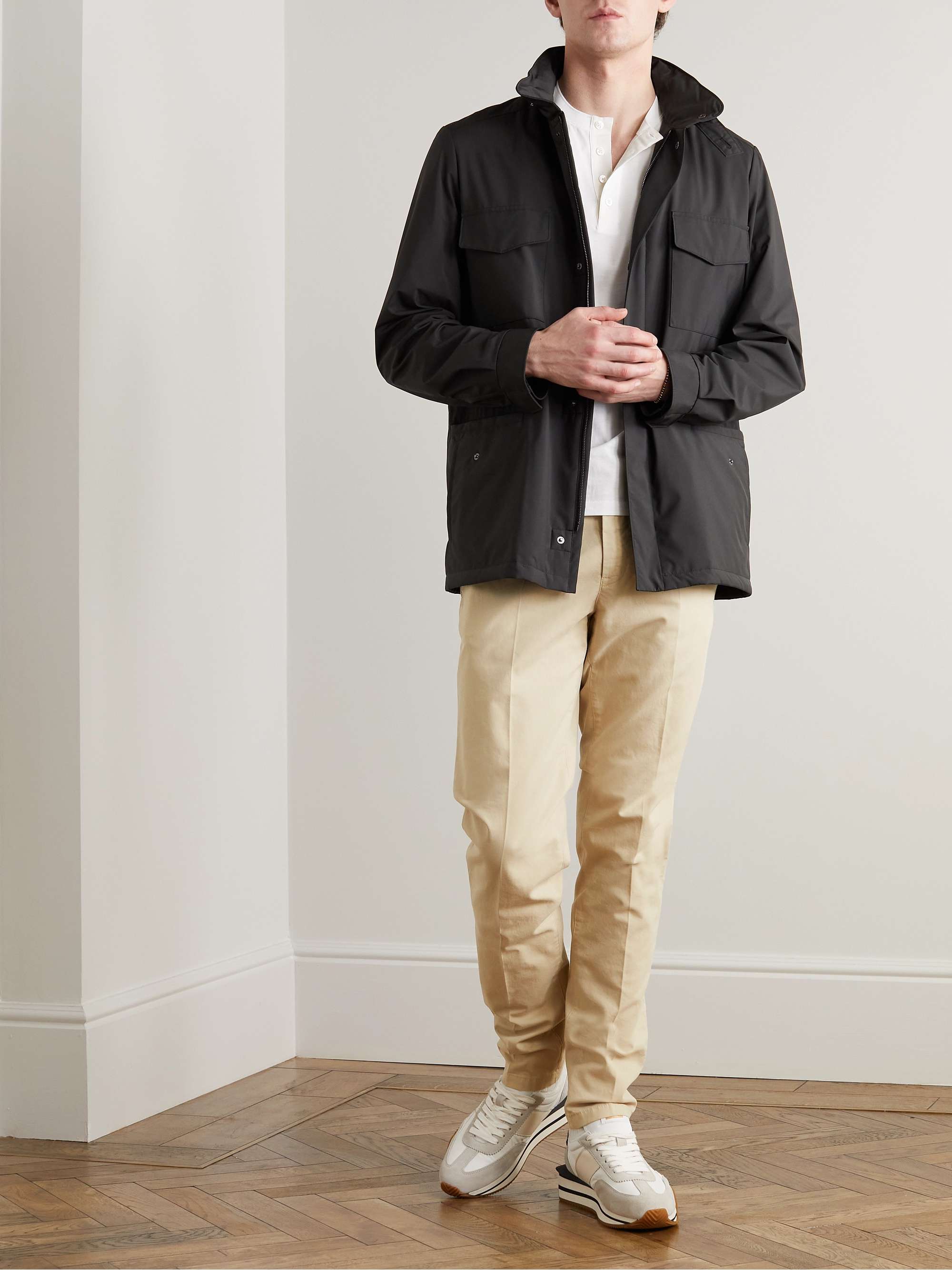 LORO PIANA 팬타플랫 슬림 핏 플리츠 스트레치 코튼 팬츠
