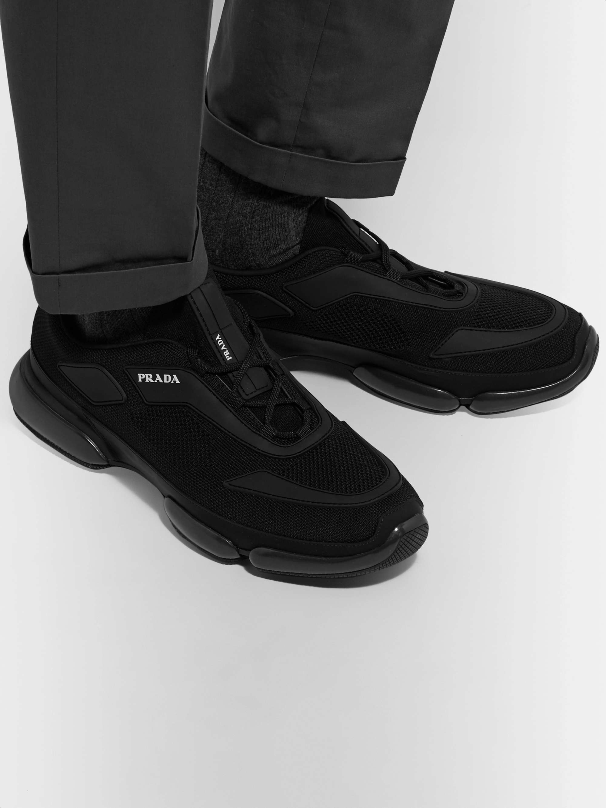 PRADA Cloudbust Mesh, Rubber and Leather Sneakers